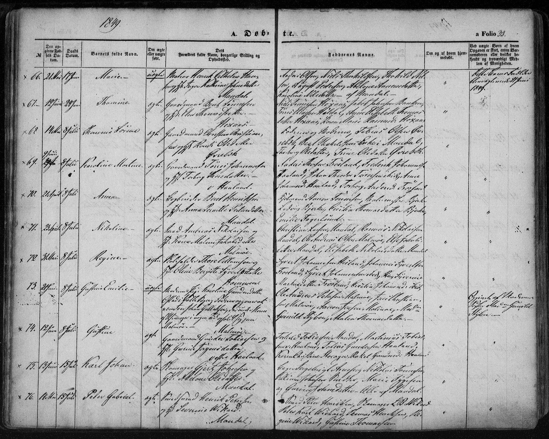 Mandal sokneprestkontor, AV/SAK-1111-0030/F/Fa/Faa/L0013: Parish register (official) no. A 13, 1847-1859, p. 32