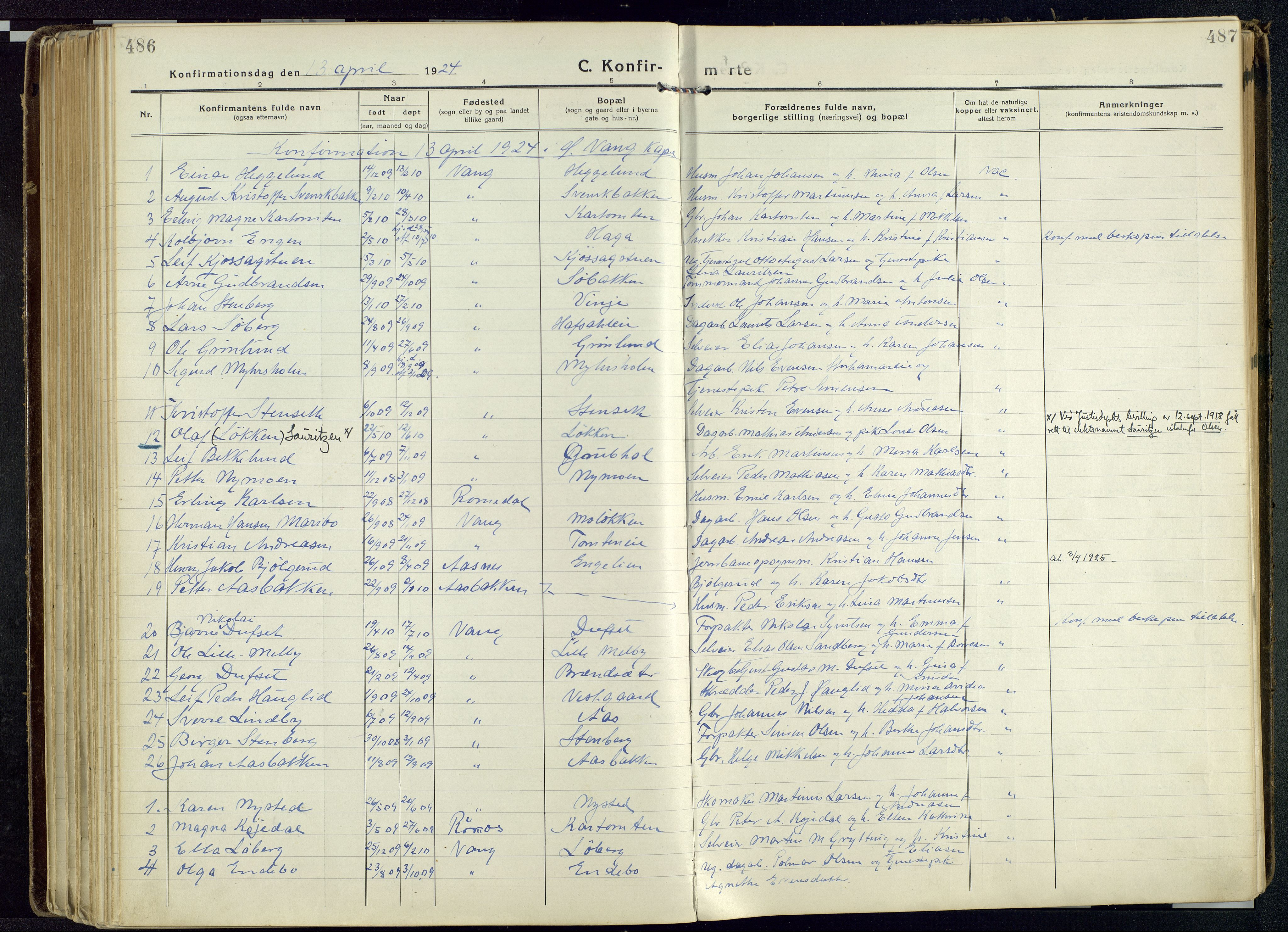 Vang prestekontor, Hedmark, SAH/PREST-008/H/Ha/Haa/L0022: Parish register (official) no. 22, 1918-1944, p. 486-487