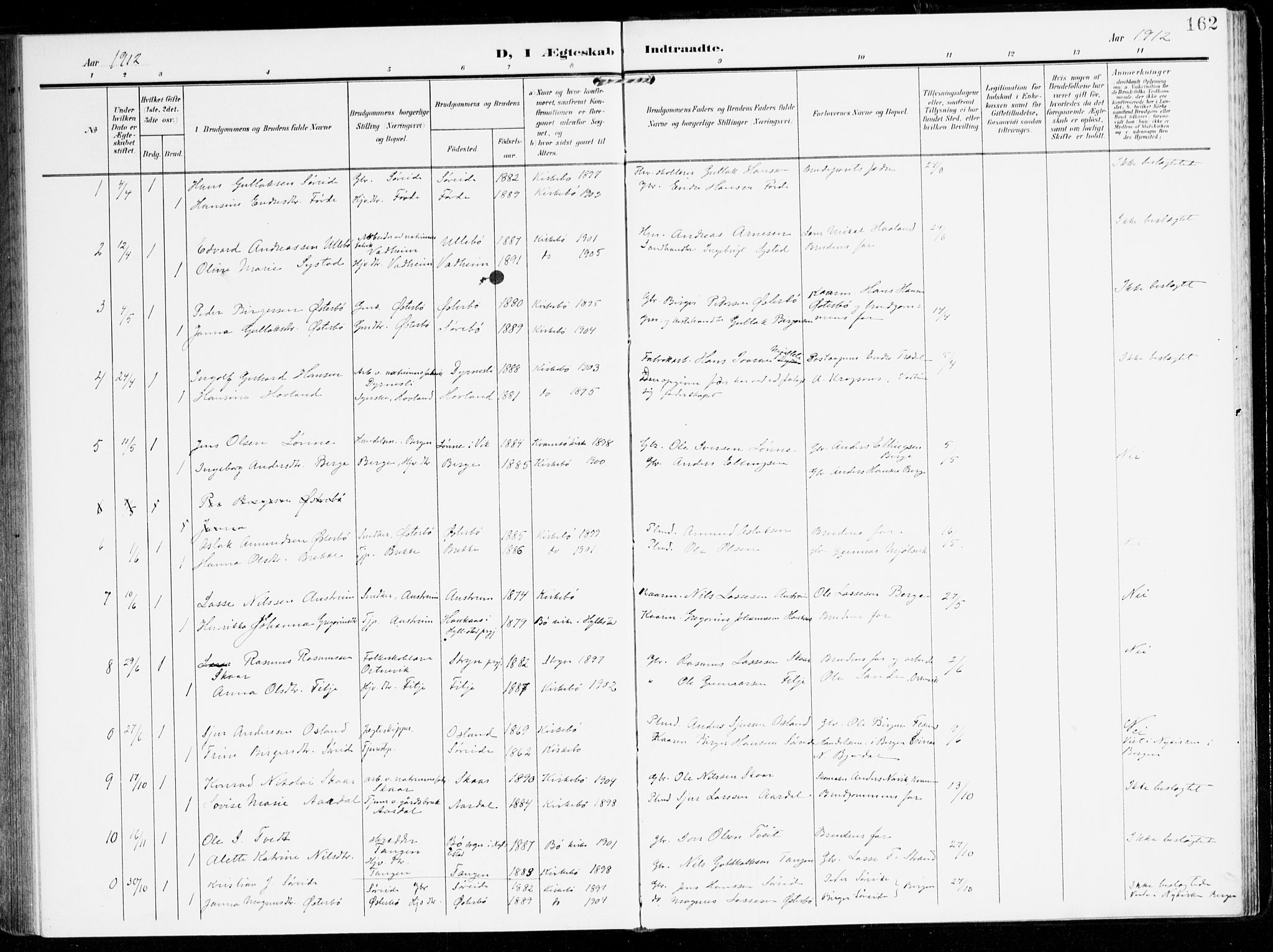 Lavik sokneprestembete, AV/SAB-A-80901: Parish register (official) no. C 2, 1904-1921, p. 162