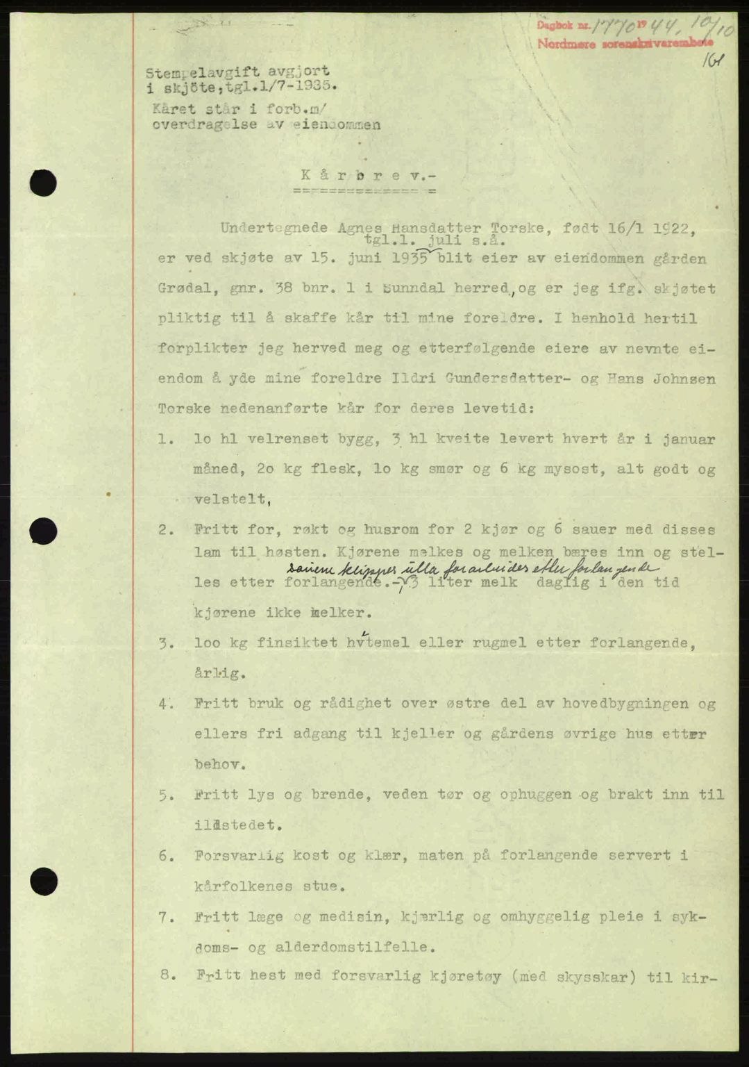 Nordmøre sorenskriveri, AV/SAT-A-4132/1/2/2Ca: Mortgage book no. B92, 1944-1945, Diary no: : 1770/1944