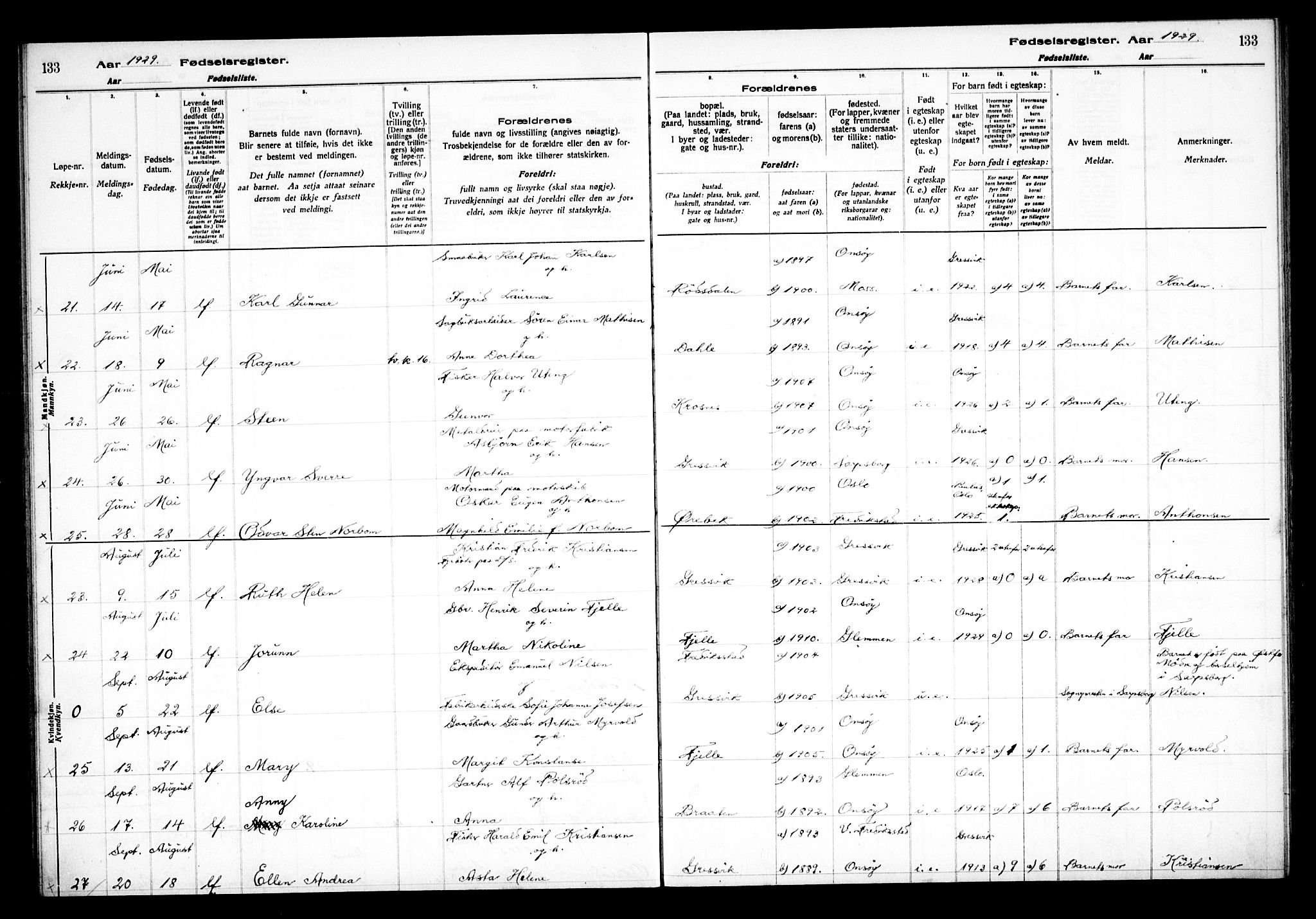 Onsøy prestekontor Kirkebøker, AV/SAO-A-10914/J/Jb/L0001: Birth register no. II 1, 1916-1938, p. 133