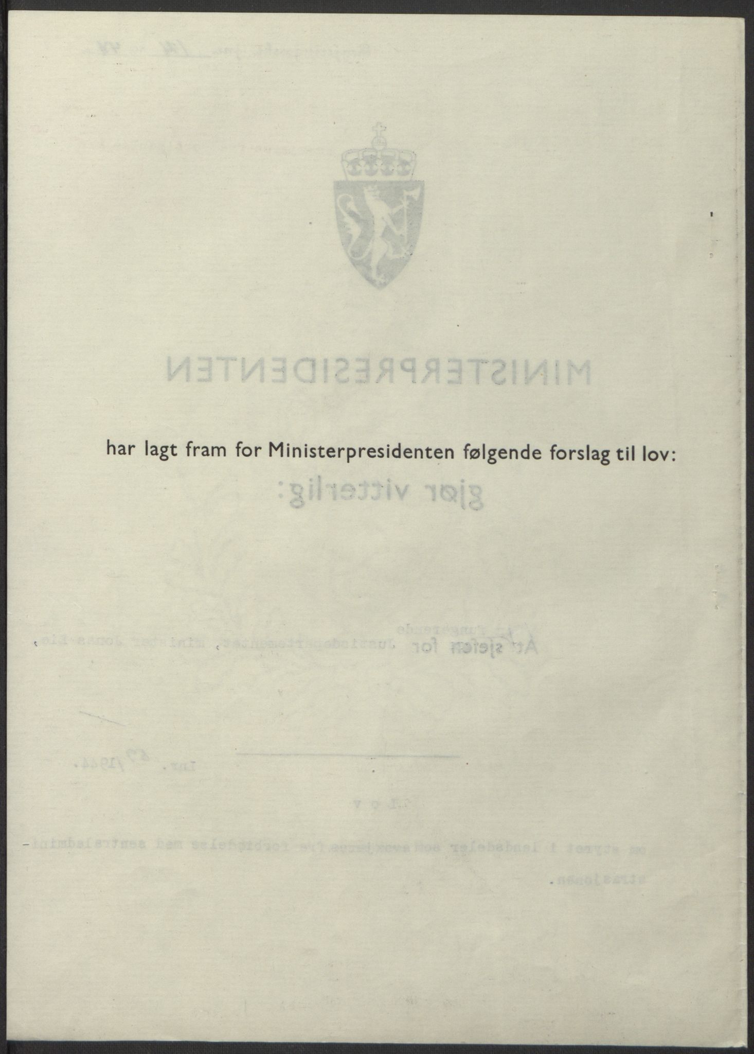 NS-administrasjonen 1940-1945 (Statsrådsekretariatet, de kommisariske statsråder mm), AV/RA-S-4279/D/Db/L0100: Lover, 1944, p. 277