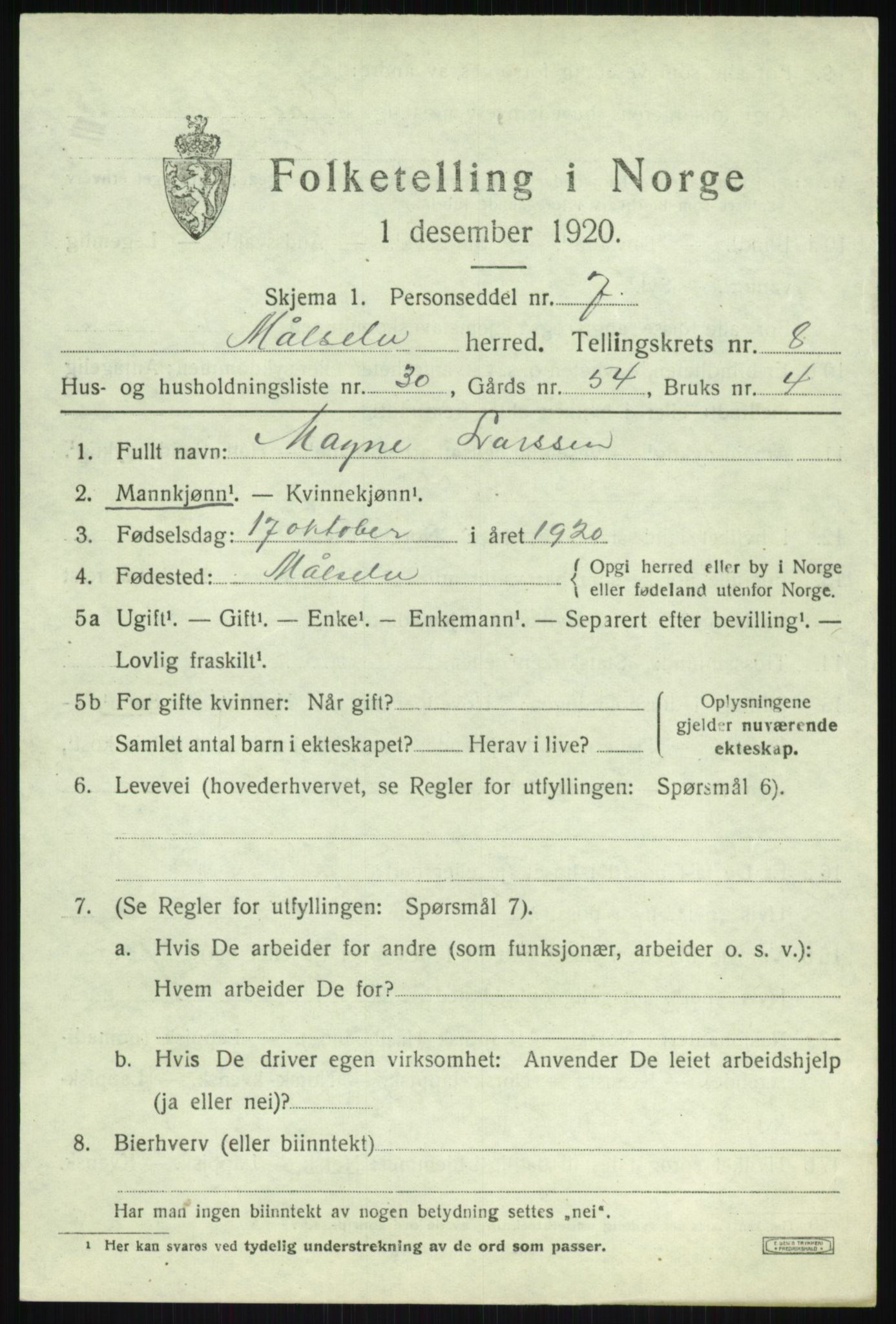 SATØ, 1920 census for Målselv, 1920, p. 5245