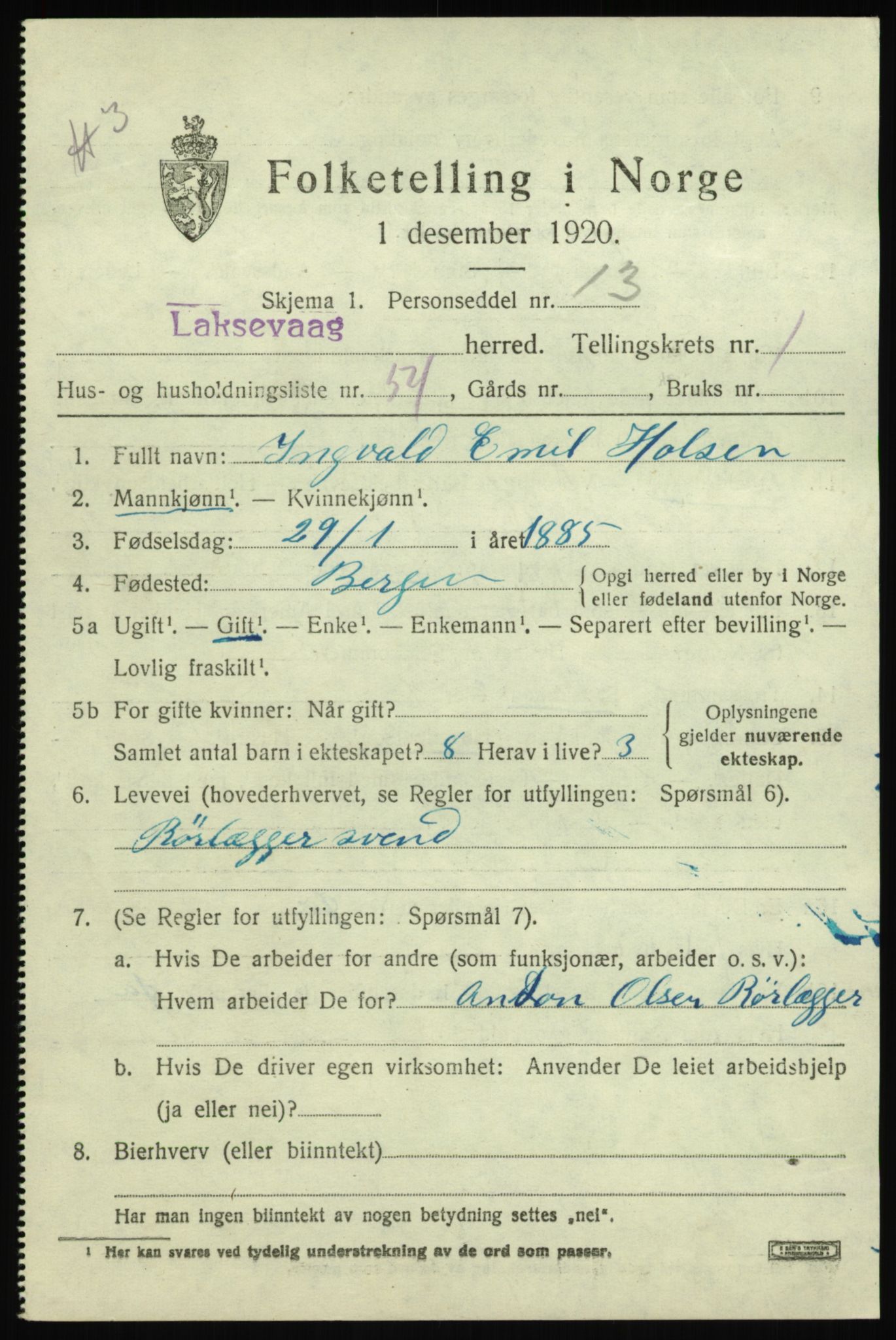 SAB, 1920 census for Laksevåg, 1920, p. 3792