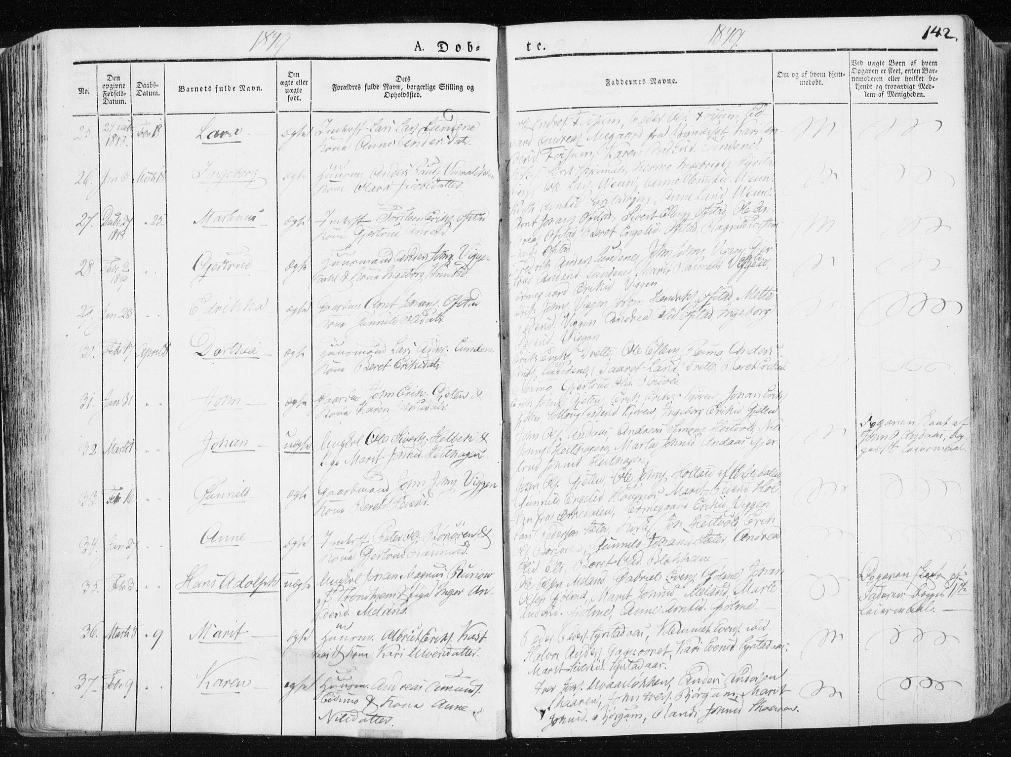 Ministerialprotokoller, klokkerbøker og fødselsregistre - Sør-Trøndelag, AV/SAT-A-1456/665/L0771: Parish register (official) no. 665A06, 1830-1856, p. 142