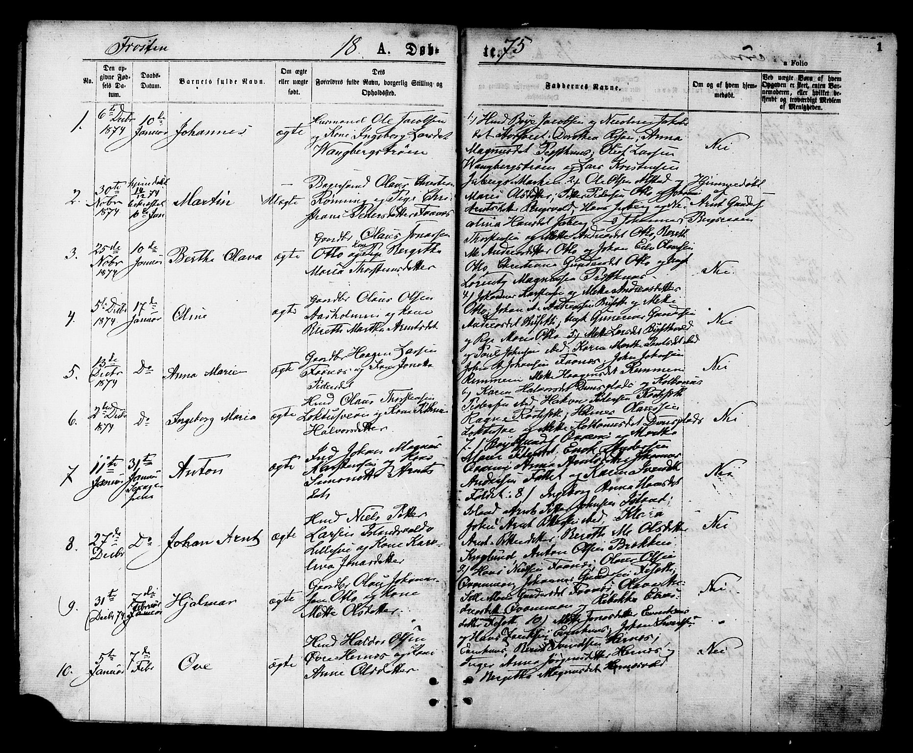 Ministerialprotokoller, klokkerbøker og fødselsregistre - Nord-Trøndelag, AV/SAT-A-1458/713/L0118: Parish register (official) no. 713A08 /1, 1875-1877, p. 1