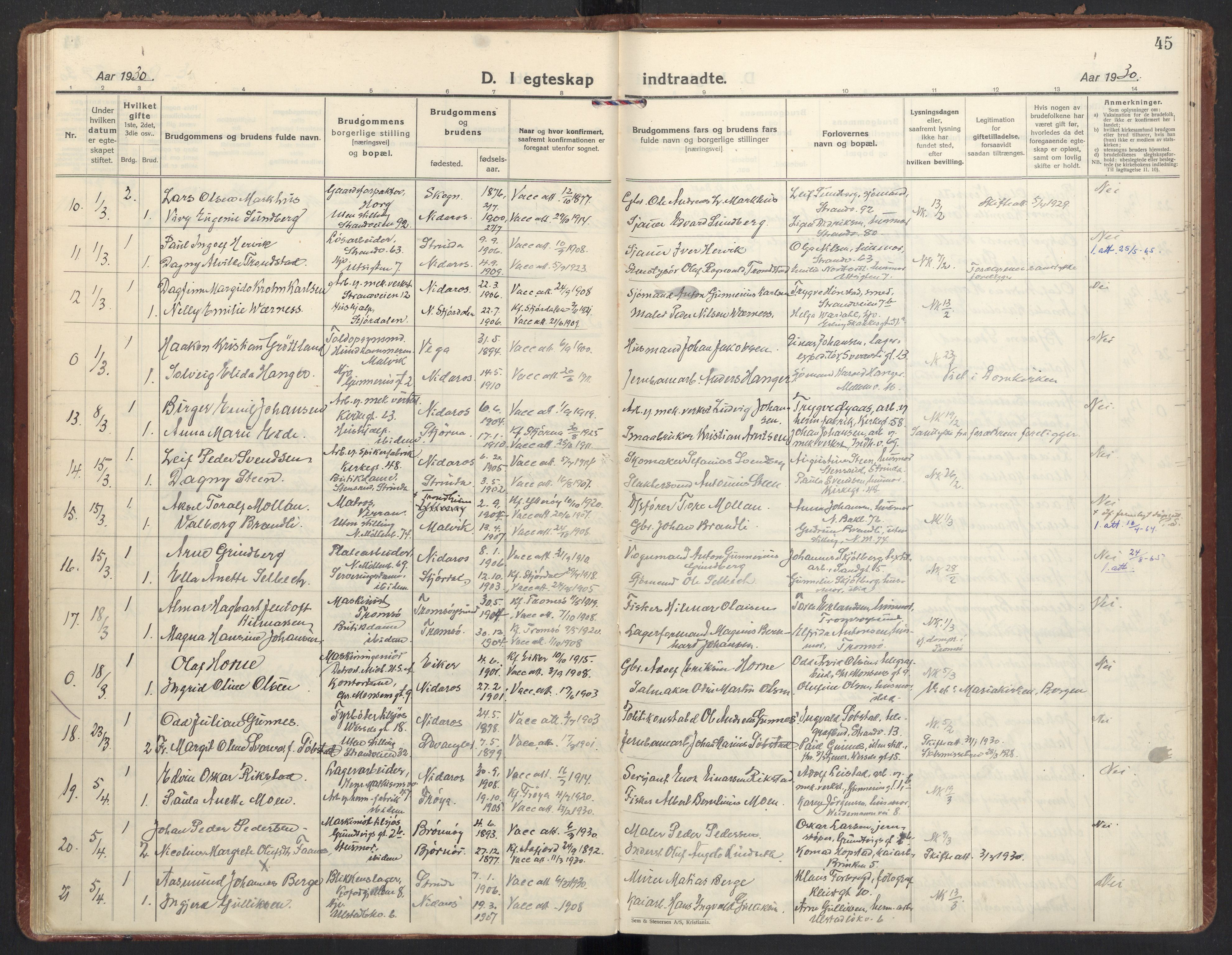 Ministerialprotokoller, klokkerbøker og fødselsregistre - Sør-Trøndelag, SAT/A-1456/605/L0249: Parish register (official) no. 605A11, 1925-1936, p. 45
