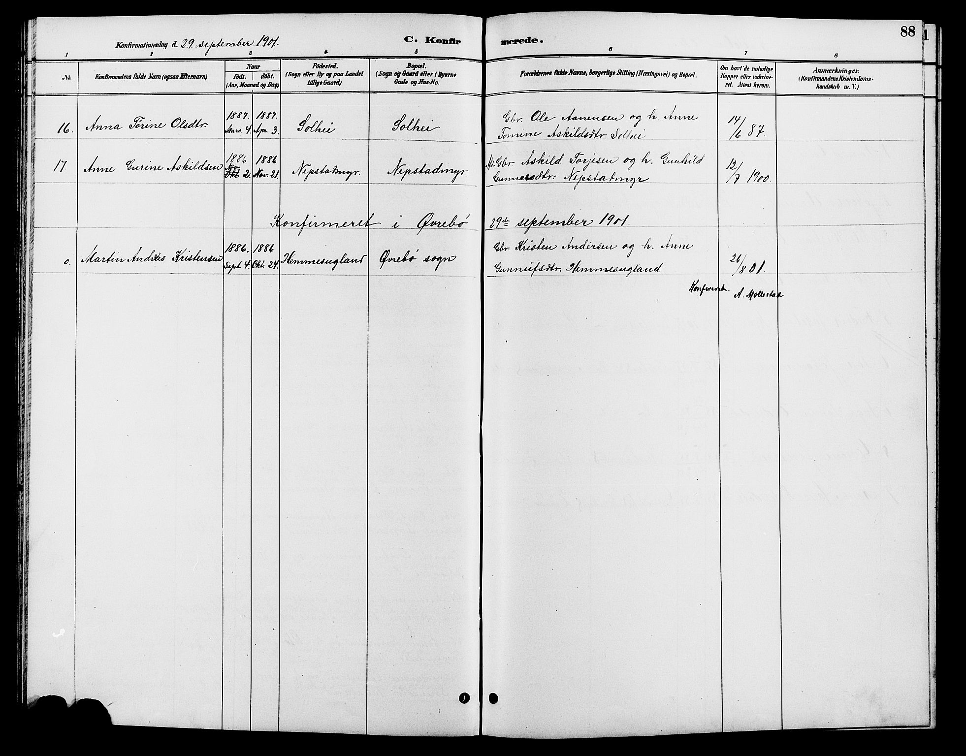 Søgne sokneprestkontor, SAK/1111-0037/F/Fb/Fba/L0004: Parish register (copy) no. B 4, 1888-1903, p. 88
