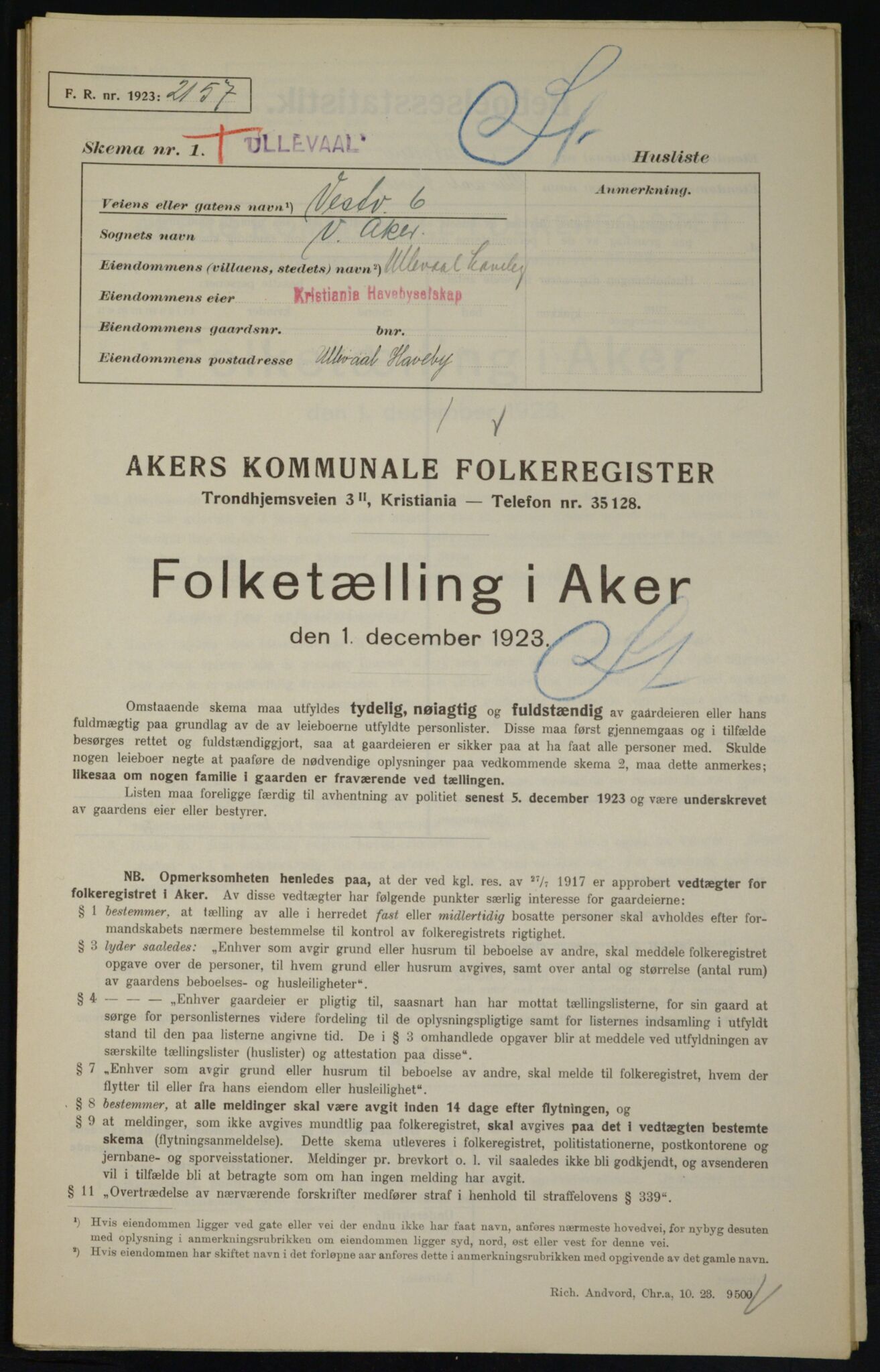 , Municipal Census 1923 for Aker, 1923, p. 21917