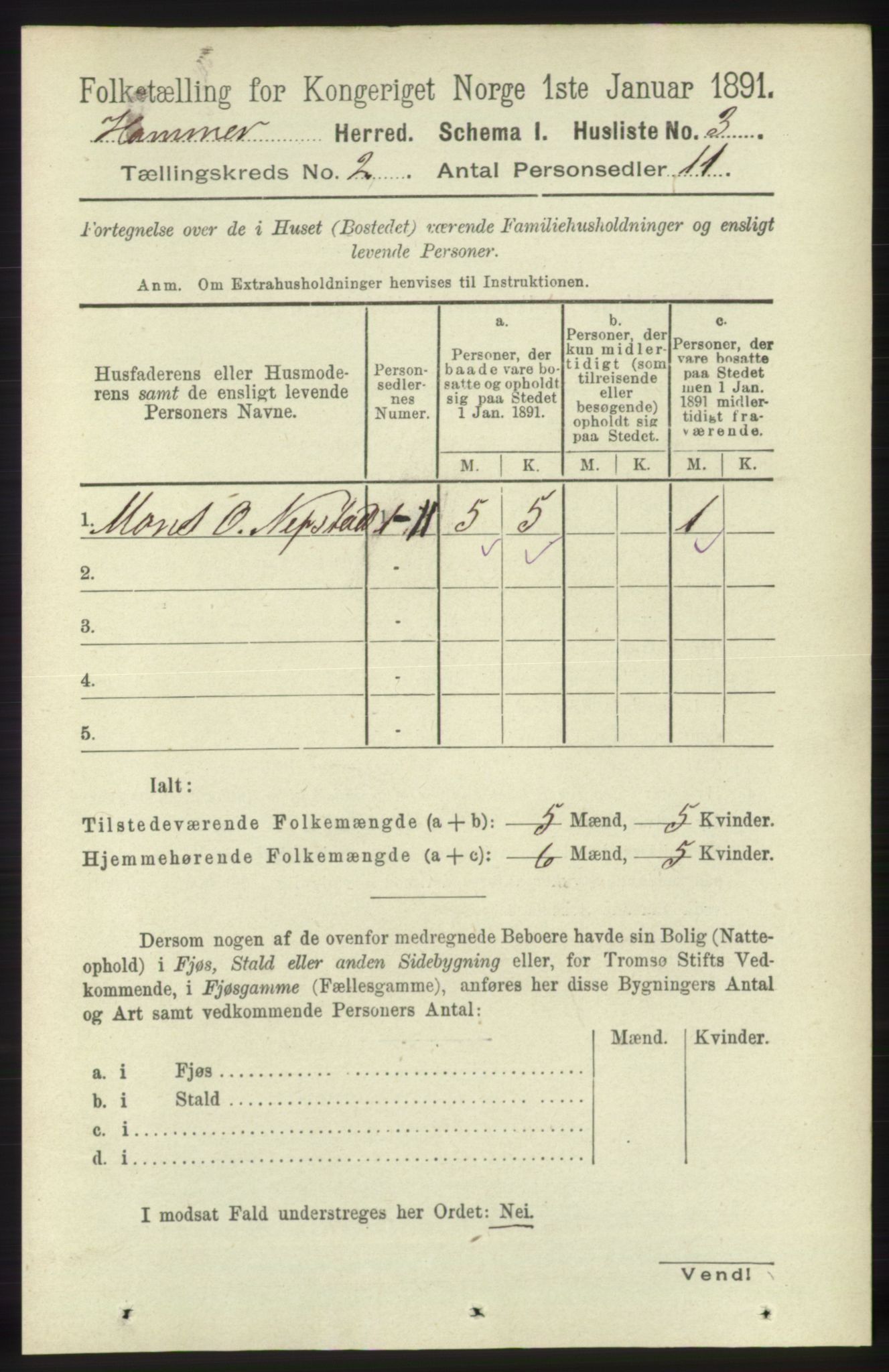 RA, 1891 census for 1254 Hamre, 1891, p. 189