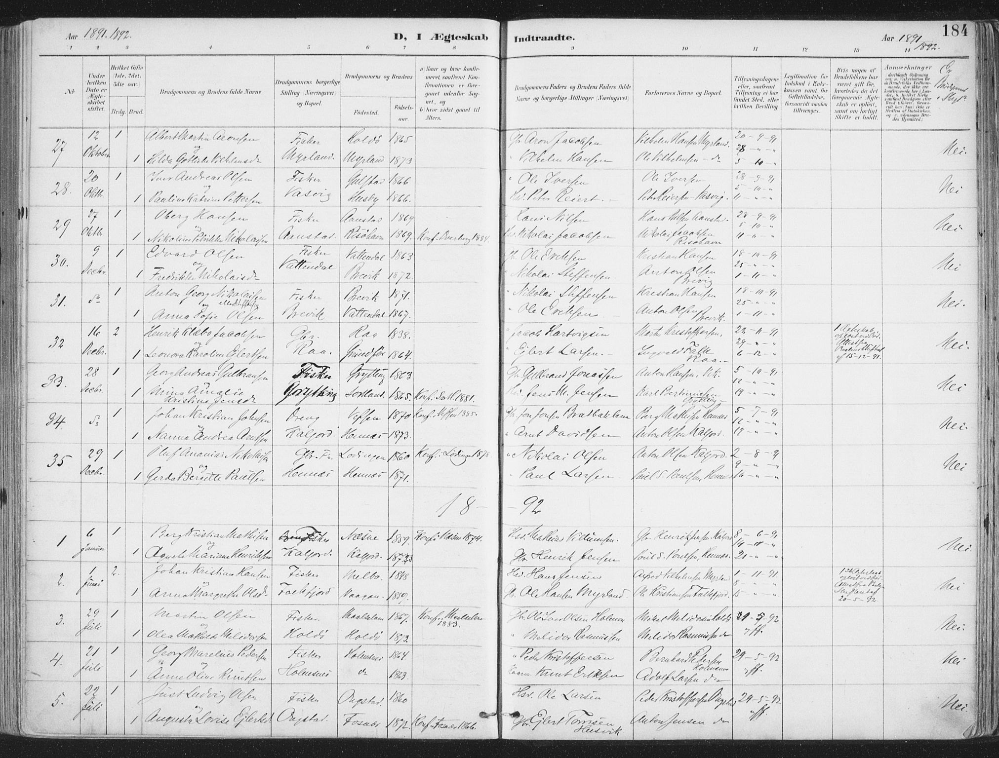 Ministerialprotokoller, klokkerbøker og fødselsregistre - Nordland, SAT/A-1459/888/L1246: Parish register (official) no. 888A12, 1891-1903, p. 184