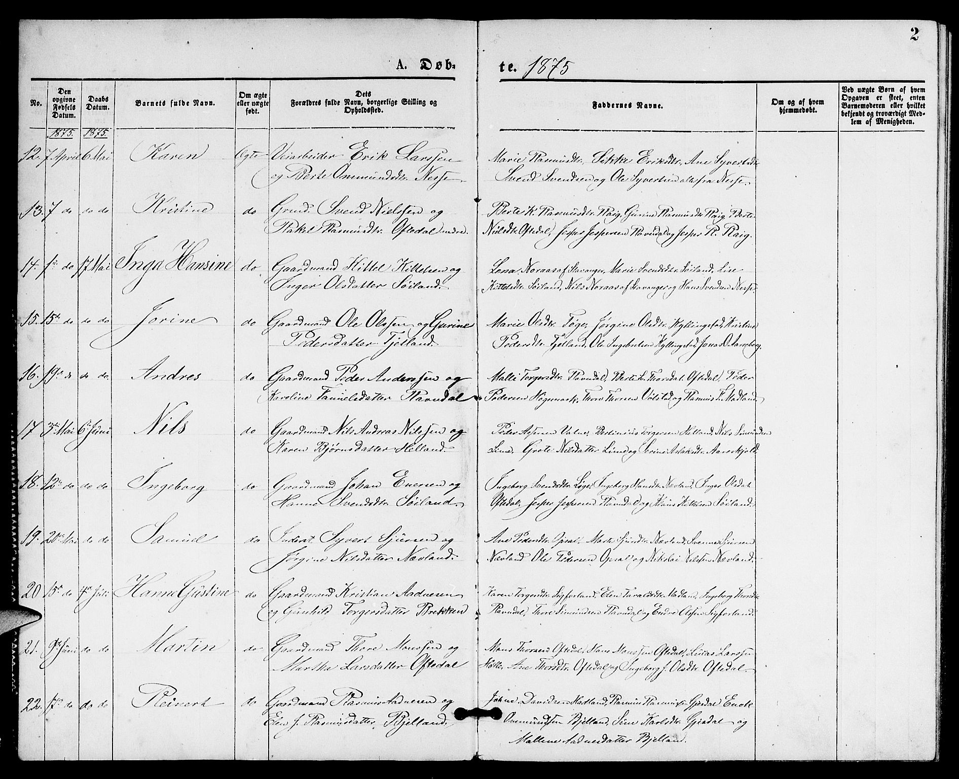 Lye sokneprestkontor, AV/SAST-A-101794/001/30BB/L0005: Parish register (copy) no. B 5, 1875-1886, p. 2