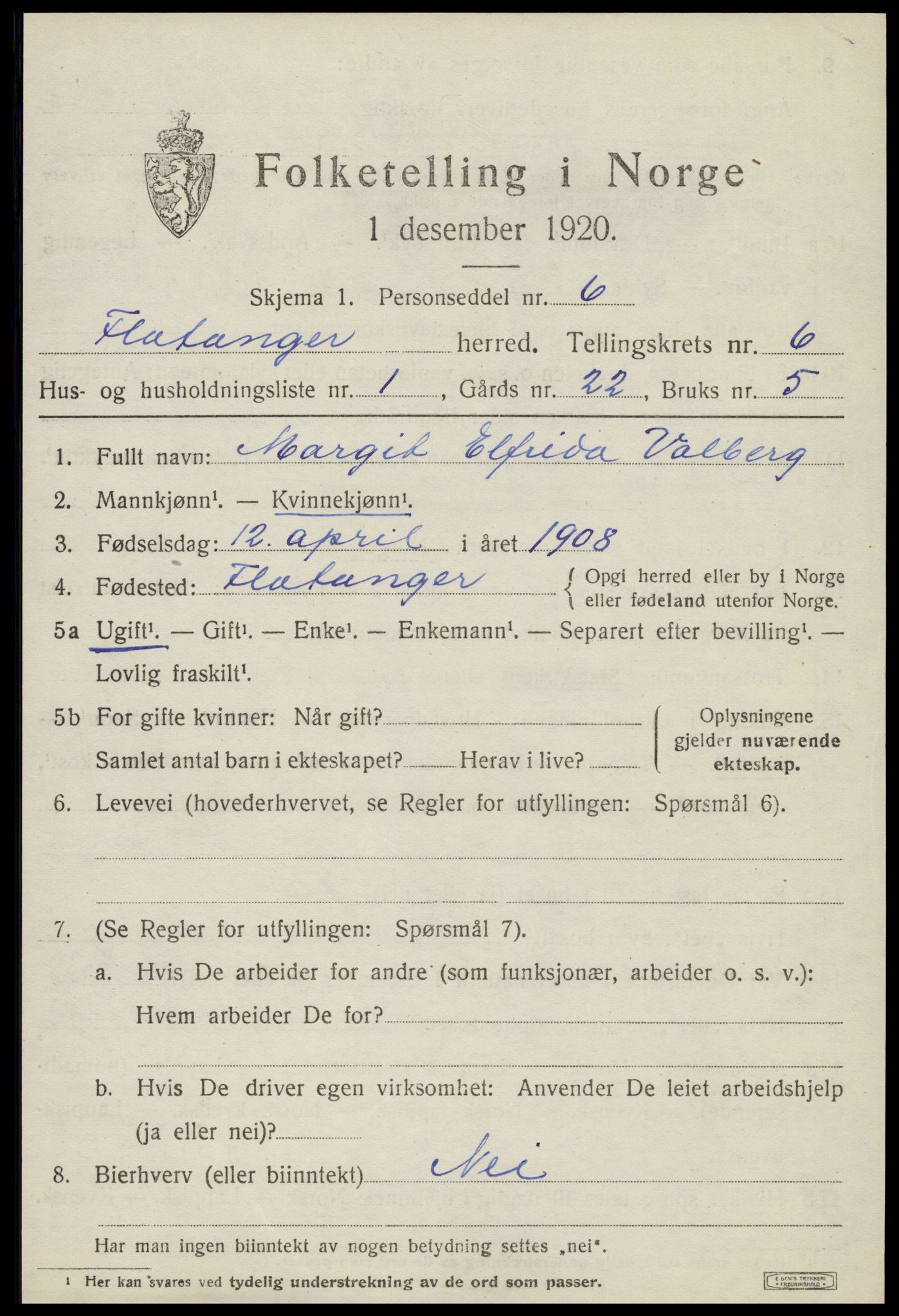 SAT, 1920 census for Flatanger, 1920, p. 2802