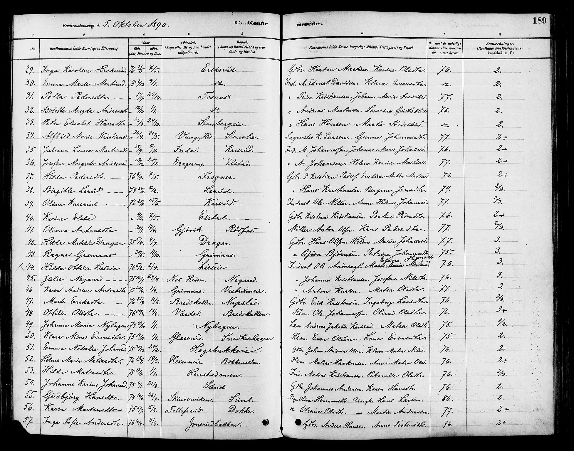 Vestre Toten prestekontor, SAH/PREST-108/H/Ha/Haa/L0009: Parish register (official) no. 9, 1878-1894, p. 189
