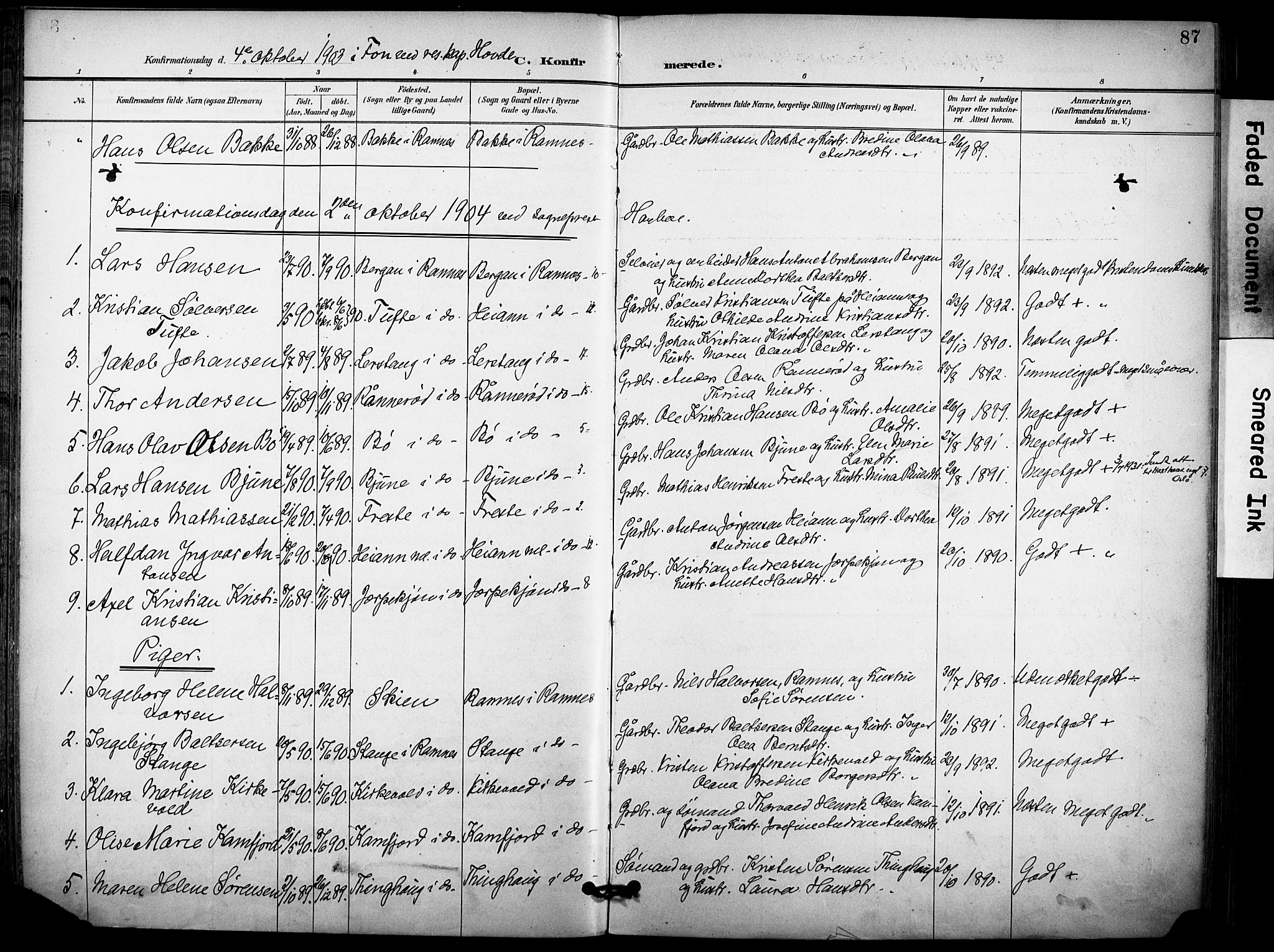Ramnes kirkebøker, SAKO/A-314/F/Fa/L0008: Parish register (official) no. I 8, 1896-1913, p. 87