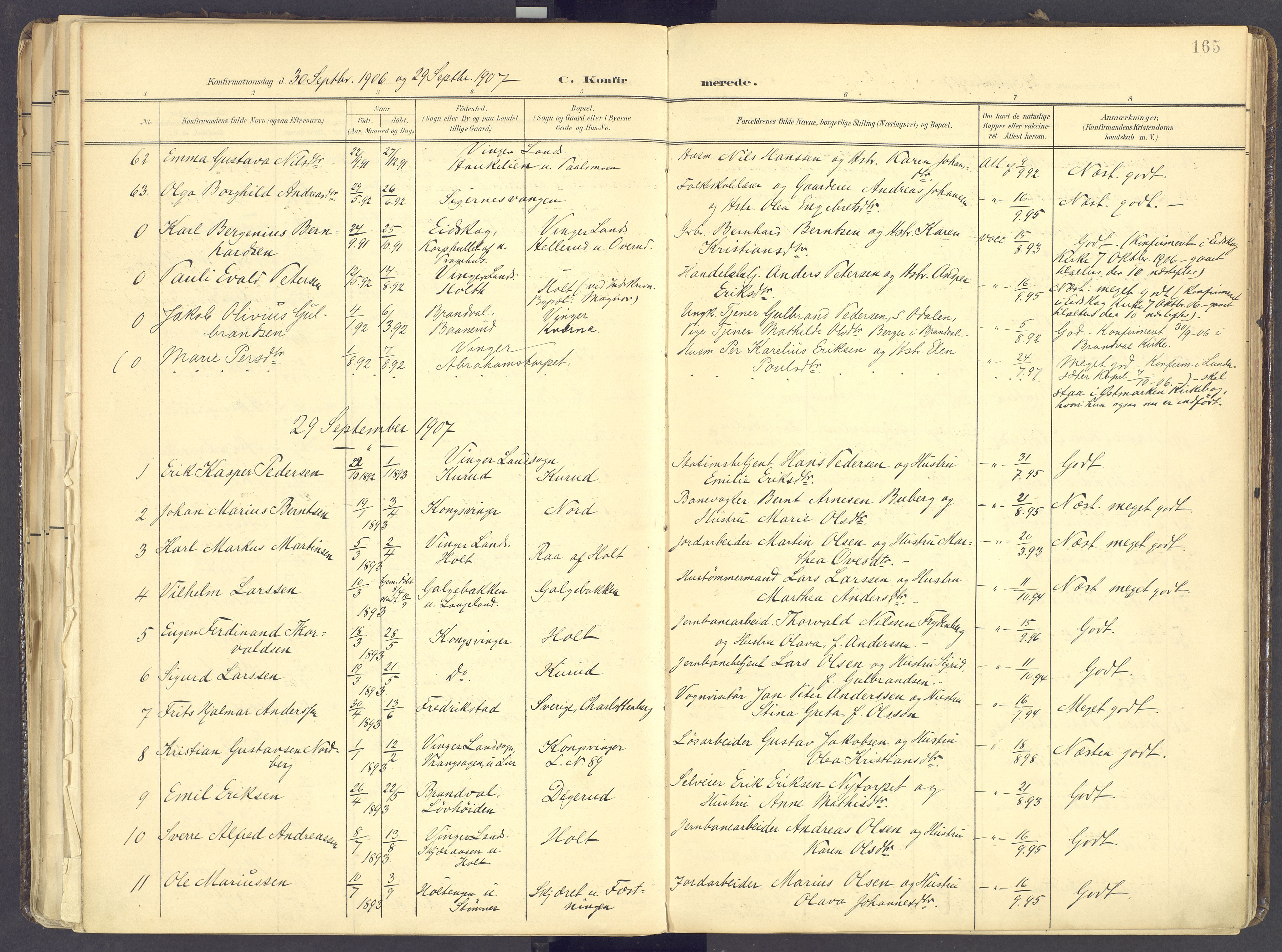 Vinger prestekontor, AV/SAH-PREST-024/H/Ha/Haa/L0017: Parish register (official) no. 17, 1901-1927, p. 165