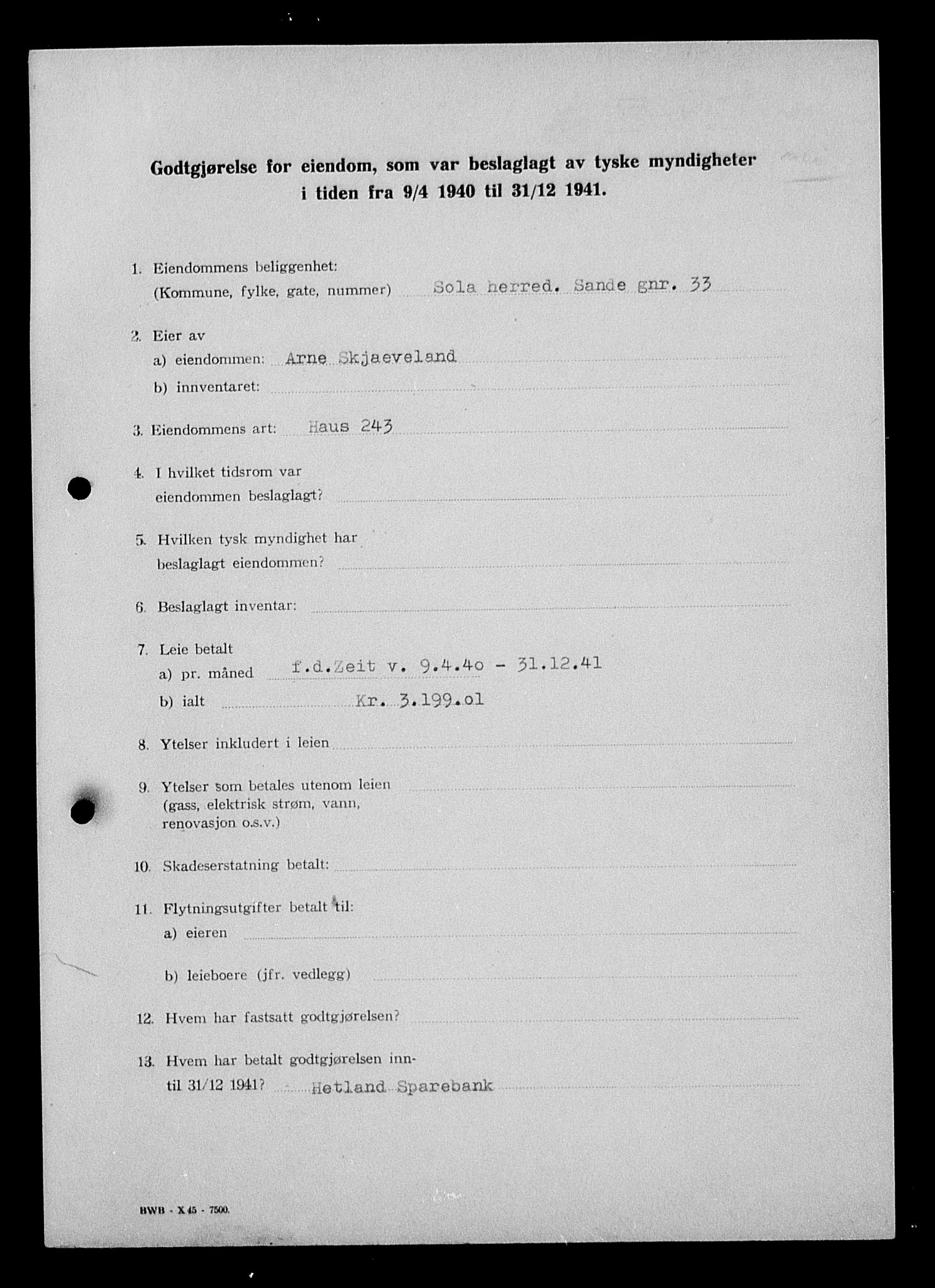 Justisdepartementet, Tilbakeføringskontoret for inndratte formuer, AV/RA-S-1564/I/L1015: Godtgjørelse for beslaglagt eiendom, 1940-1941, p. 178