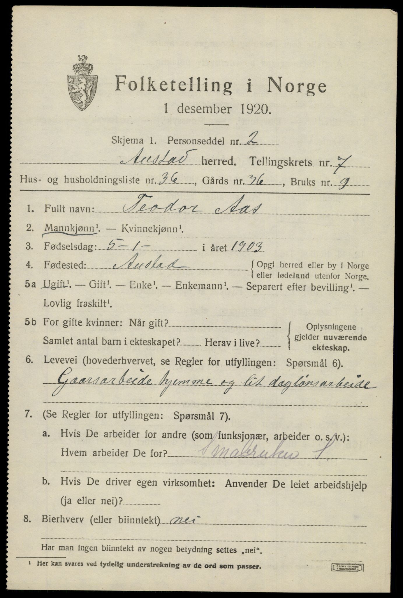 SAK, 1920 census for Austad, 1920, p. 2603