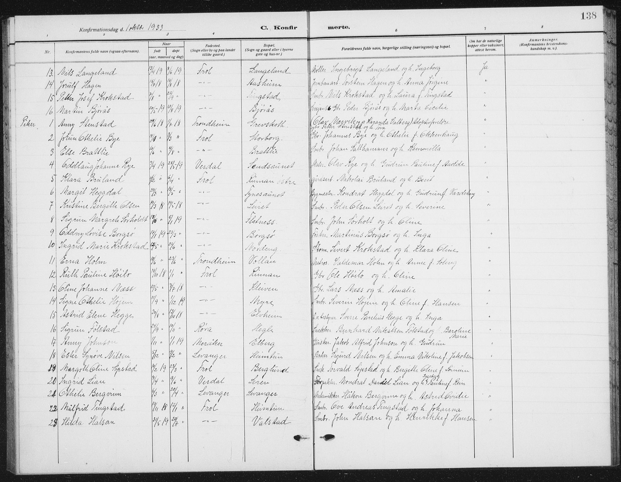 Ministerialprotokoller, klokkerbøker og fødselsregistre - Nord-Trøndelag, SAT/A-1458/721/L0209: Parish register (copy) no. 721C02, 1918-1940, p. 138