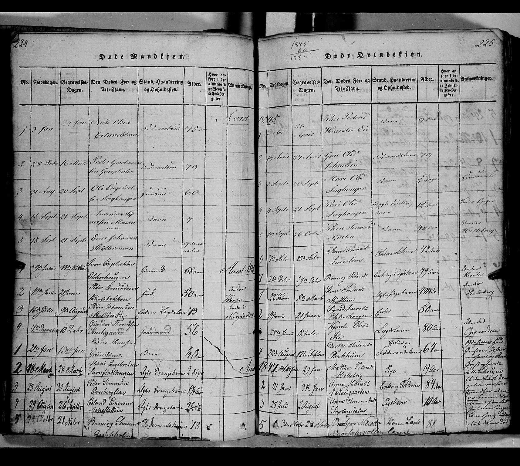 Gausdal prestekontor, SAH/PREST-090/H/Ha/Hab/L0002: Parish register (copy) no. 2, 1818-1874, p. 224-225