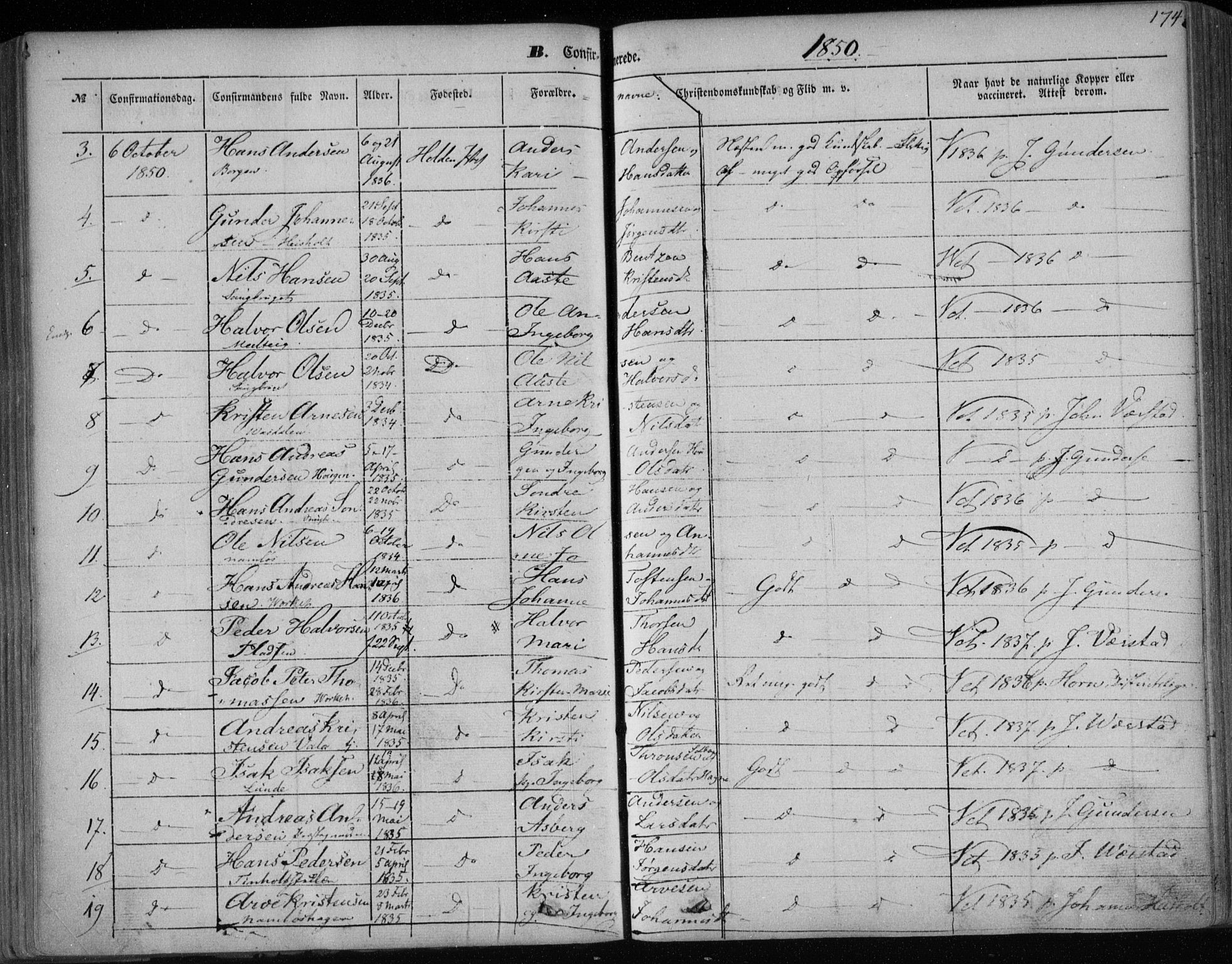 Holla kirkebøker, AV/SAKO-A-272/F/Fa/L0005: Parish register (official) no. 5, 1849-1860, p. 174