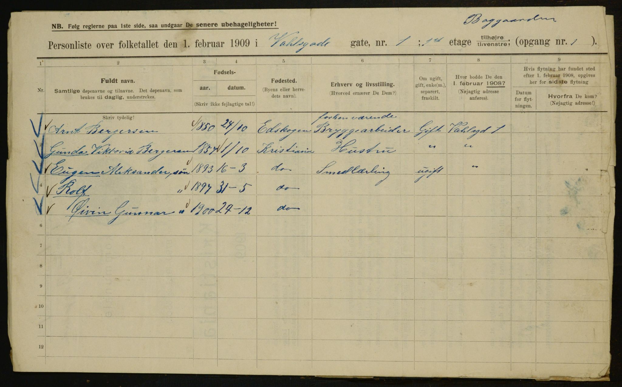 OBA, Municipal Census 1909 for Kristiania, 1909, p. 110167