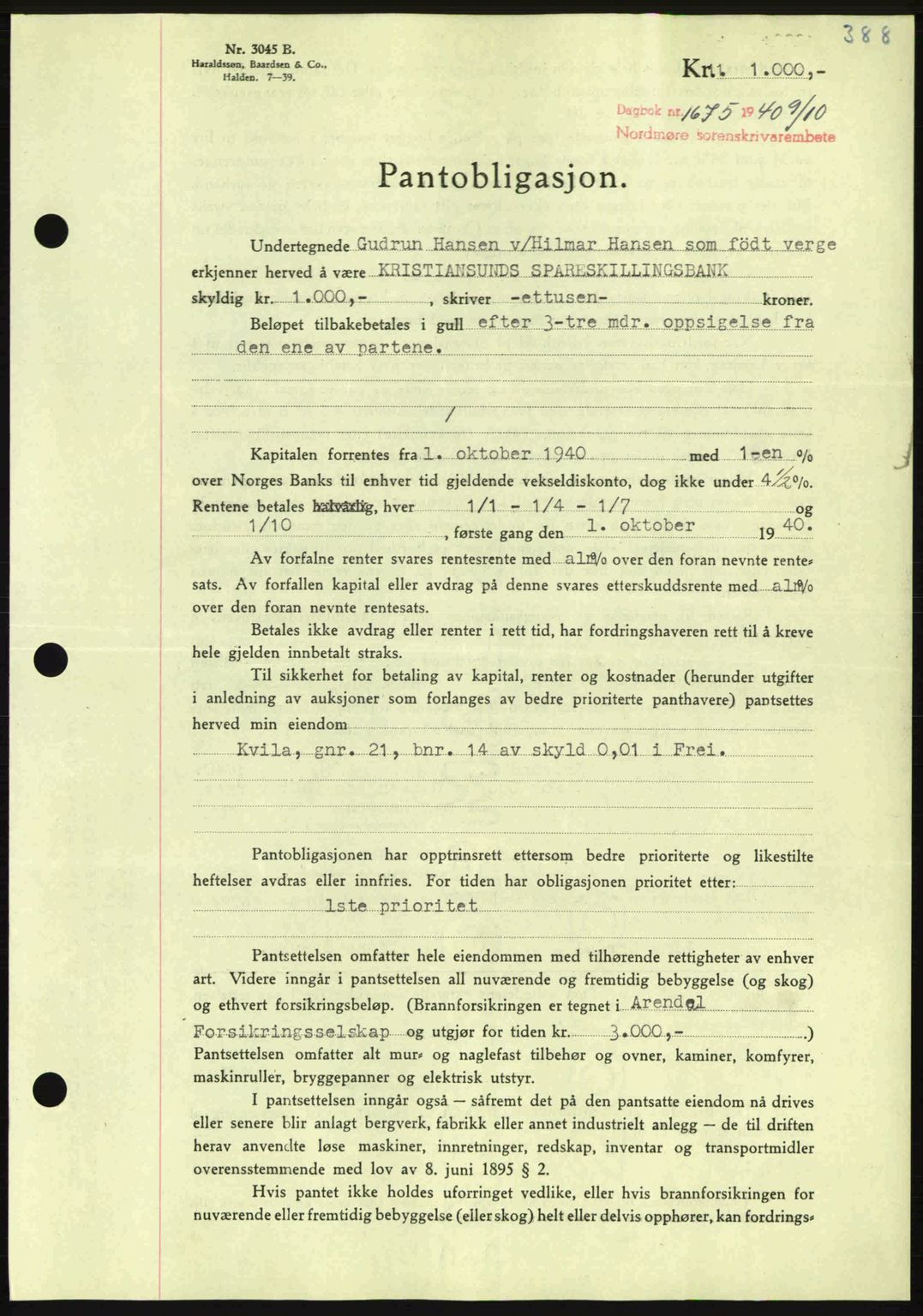 Nordmøre sorenskriveri, AV/SAT-A-4132/1/2/2Ca: Mortgage book no. B87, 1940-1941, Diary no: : 1675/1940