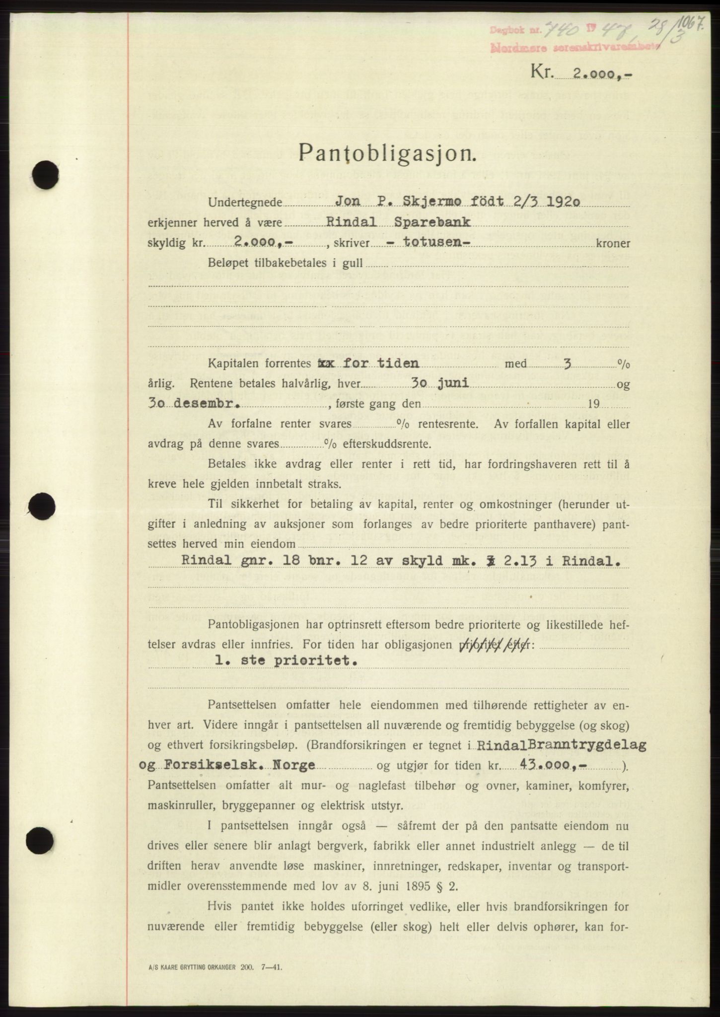 Nordmøre sorenskriveri, AV/SAT-A-4132/1/2/2Ca: Mortgage book no. B95, 1946-1947, Diary no: : 740/1947