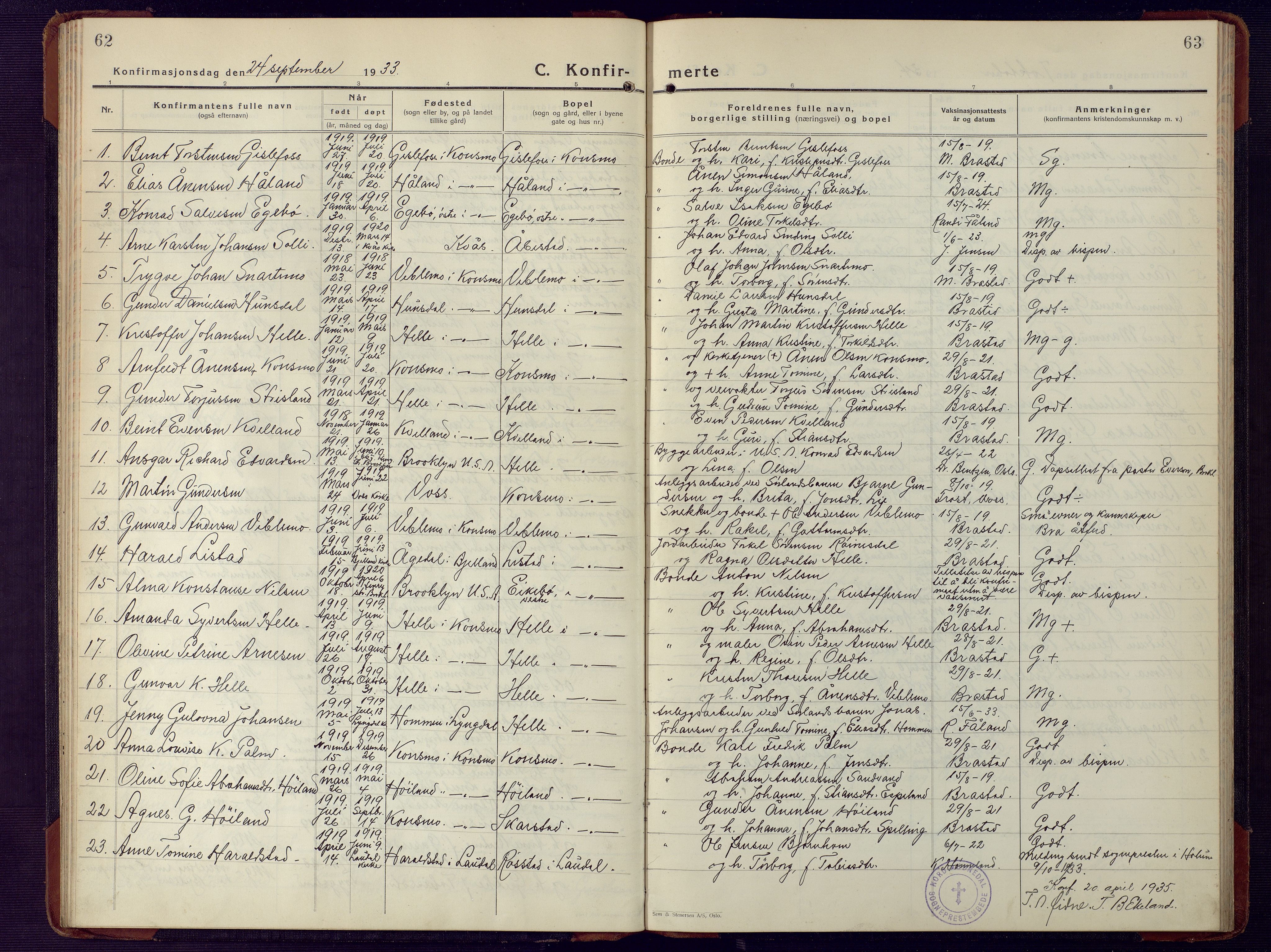 Nord-Audnedal sokneprestkontor, AV/SAK-1111-0032/F/Fb/Fba/L0006: Parish register (copy) no. B 6, 1929-1946, p. 62-63