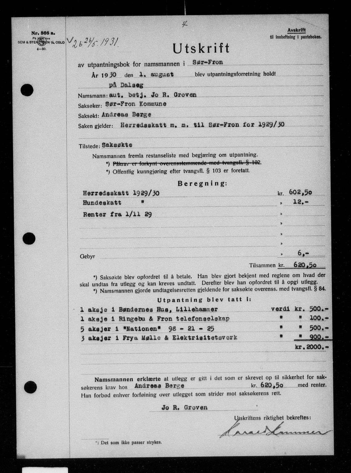Sør-Gudbrandsdal tingrett, AV/SAH-TING-004/H/Hb/Hbb/L0022: Mortgage book no. II 22, 1931-1932, p. 7