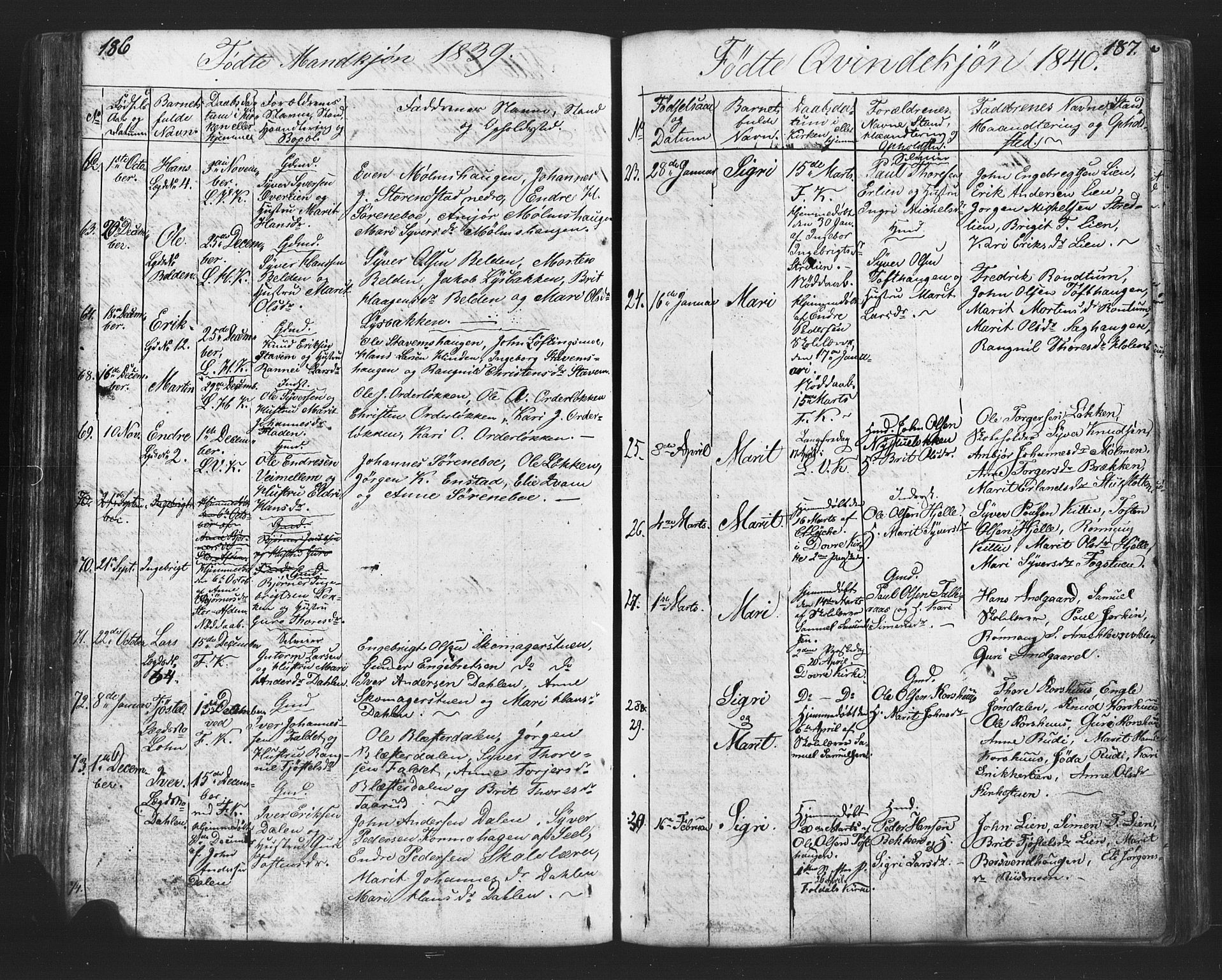 Lesja prestekontor, SAH/PREST-068/H/Ha/Hab/L0002: Parish register (copy) no. 2, 1832-1850, p. 186-187