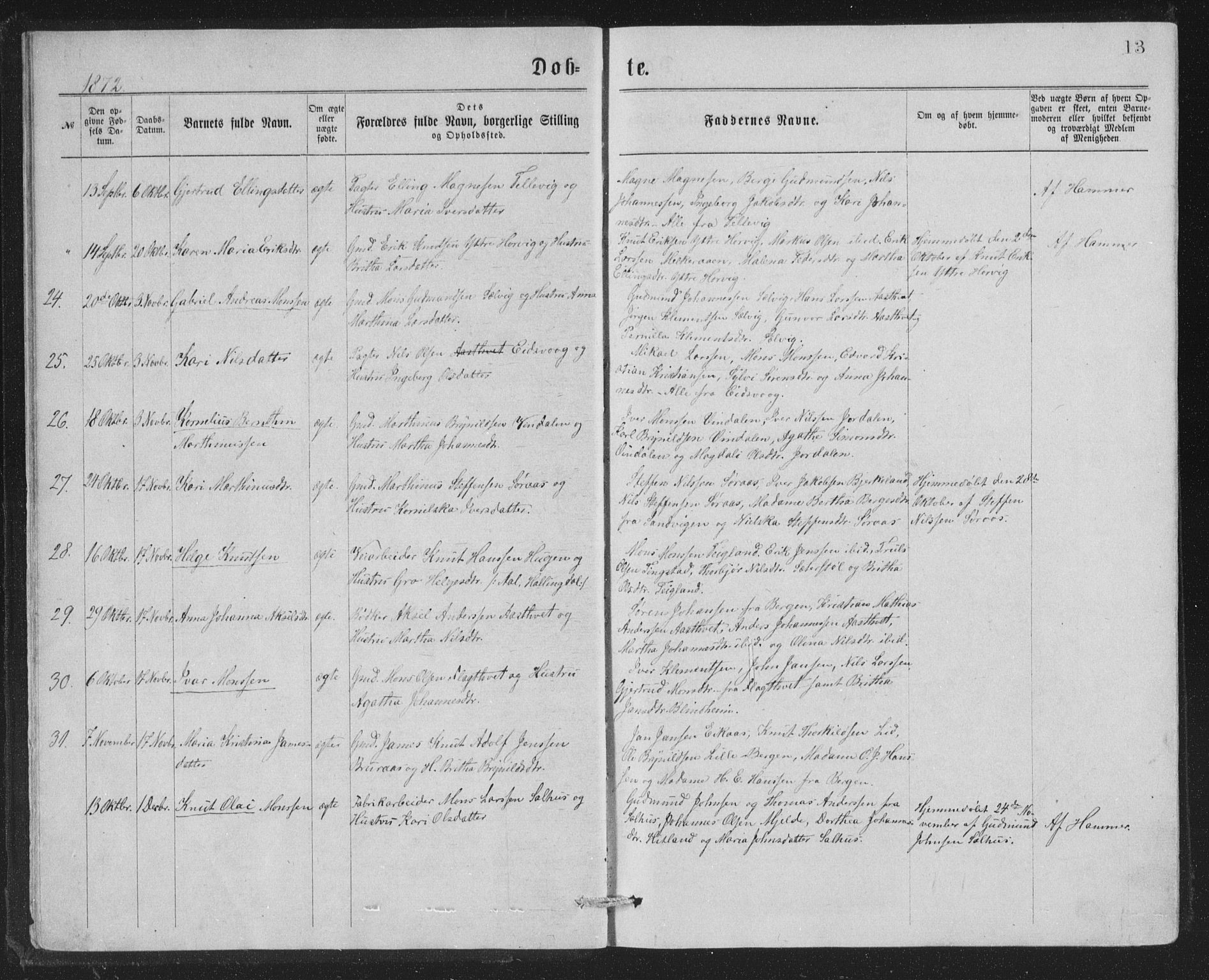 Åsane sokneprestembete, SAB/A-79401/H/Hab: Parish register (copy) no. A 1, 1870-1884, p. 13