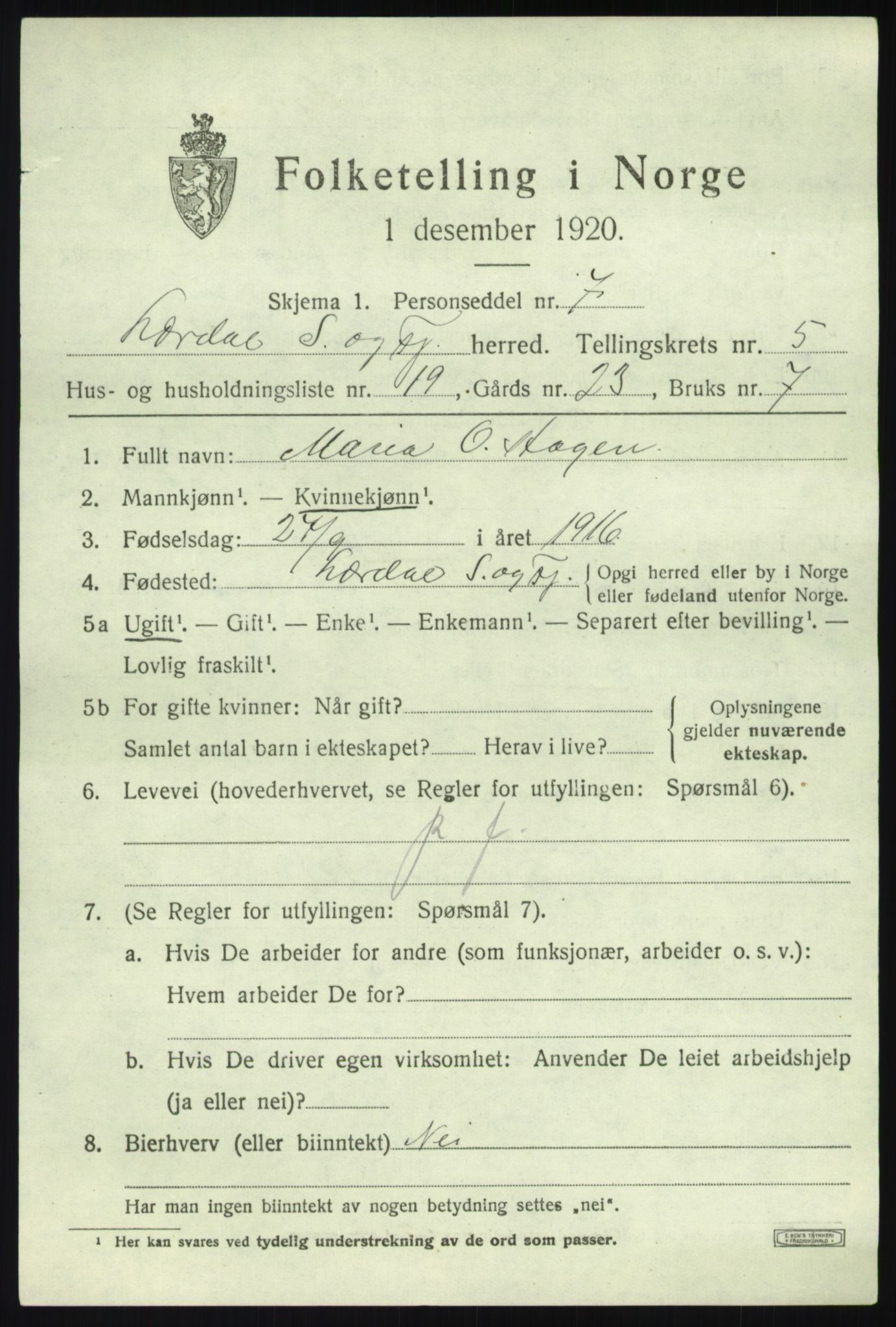 SAB, 1920 census for Lærdal, 1920, p. 2680