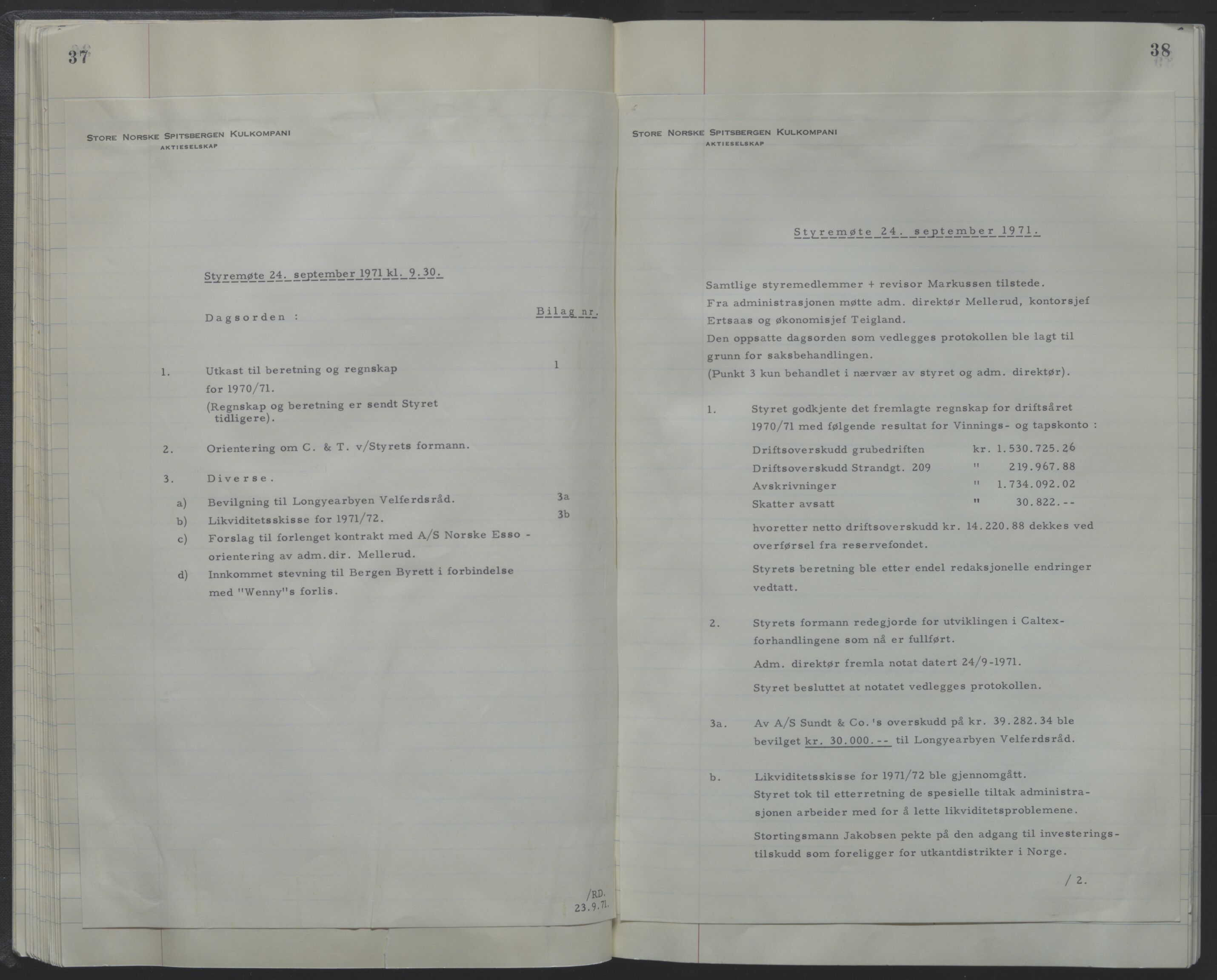Store Norske Spitsbergen Kulkompani A/S, AV/SATØ-P-0073/09/A/Ab/Aba/L0001: Styreprotokoll 6, 1970-1979, p. 37-38