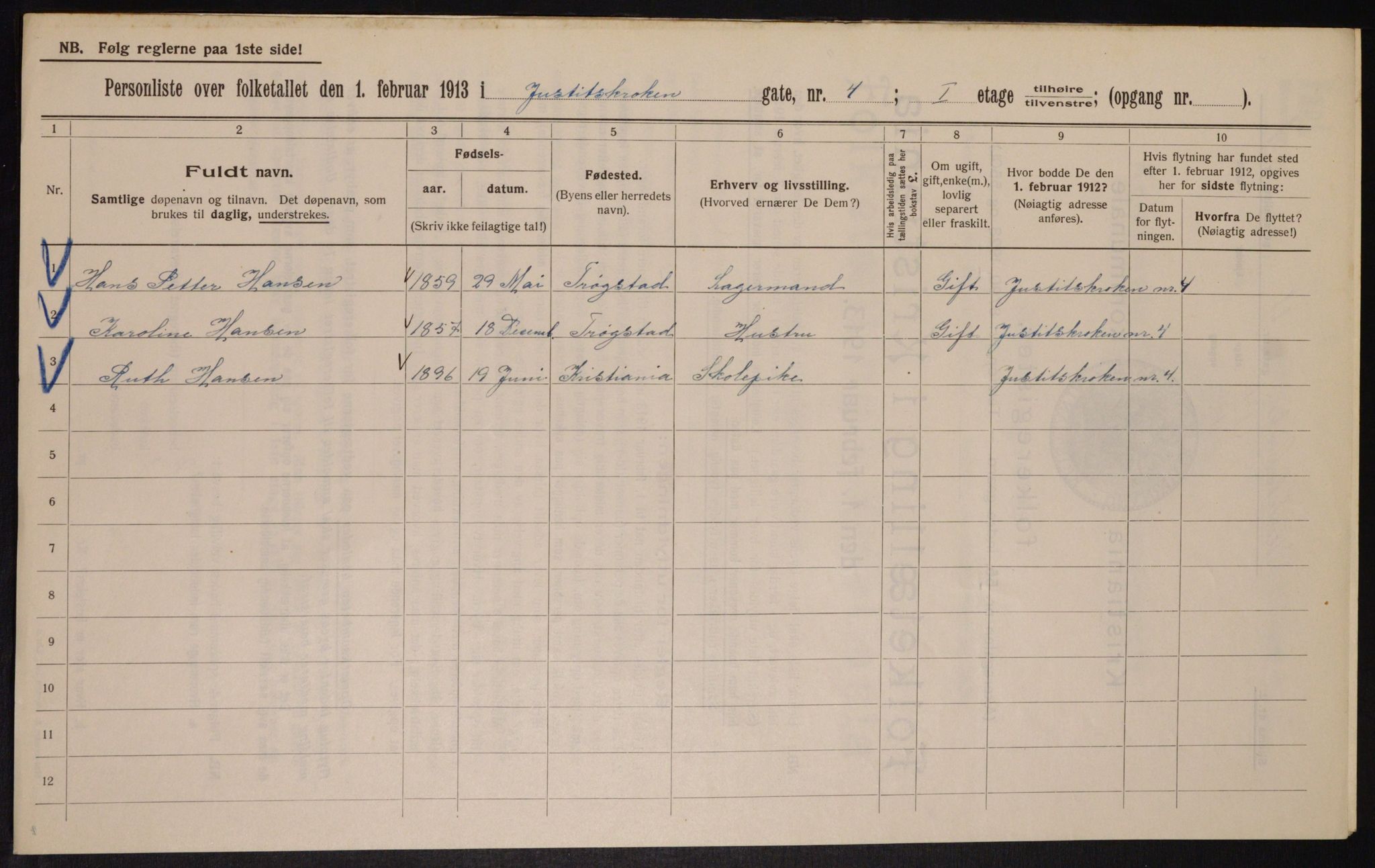 OBA, Municipal Census 1913 for Kristiania, 1913, p. 47449