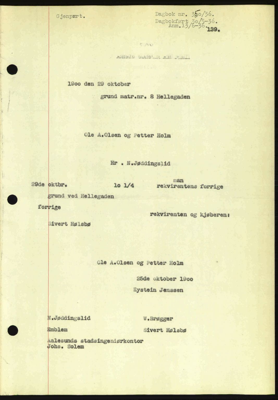 Ålesund byfogd, AV/SAT-A-4384: Mortgage book no. 34 I, 1936-1938, Diary no: : 350/1936