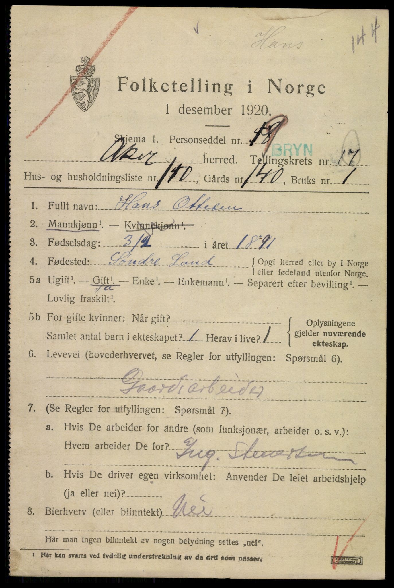 SAO, 1920 census for Aker, 1920, p. 104864