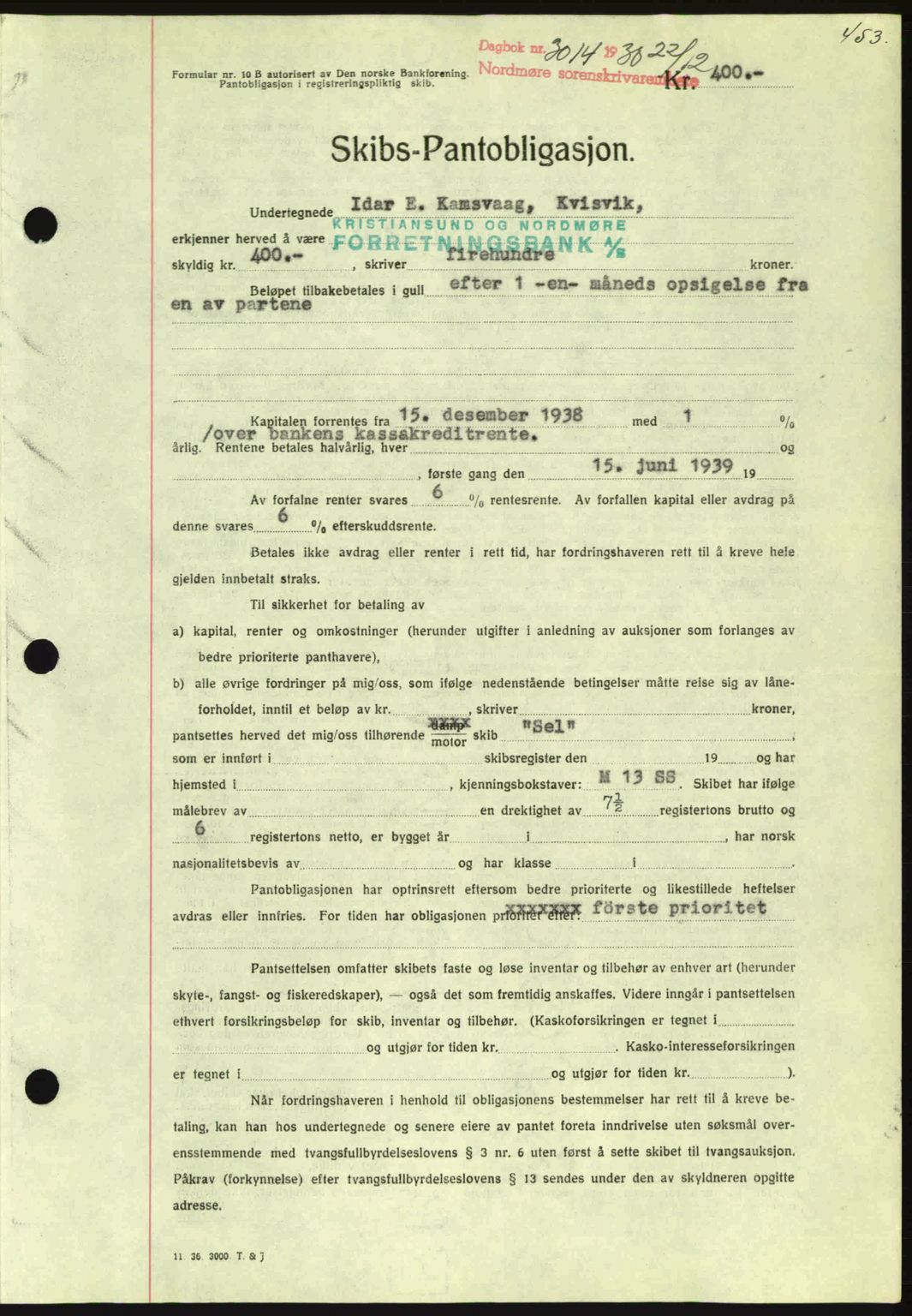 Nordmøre sorenskriveri, AV/SAT-A-4132/1/2/2Ca: Mortgage book no. B84, 1938-1939, Diary no: : 3014/1938