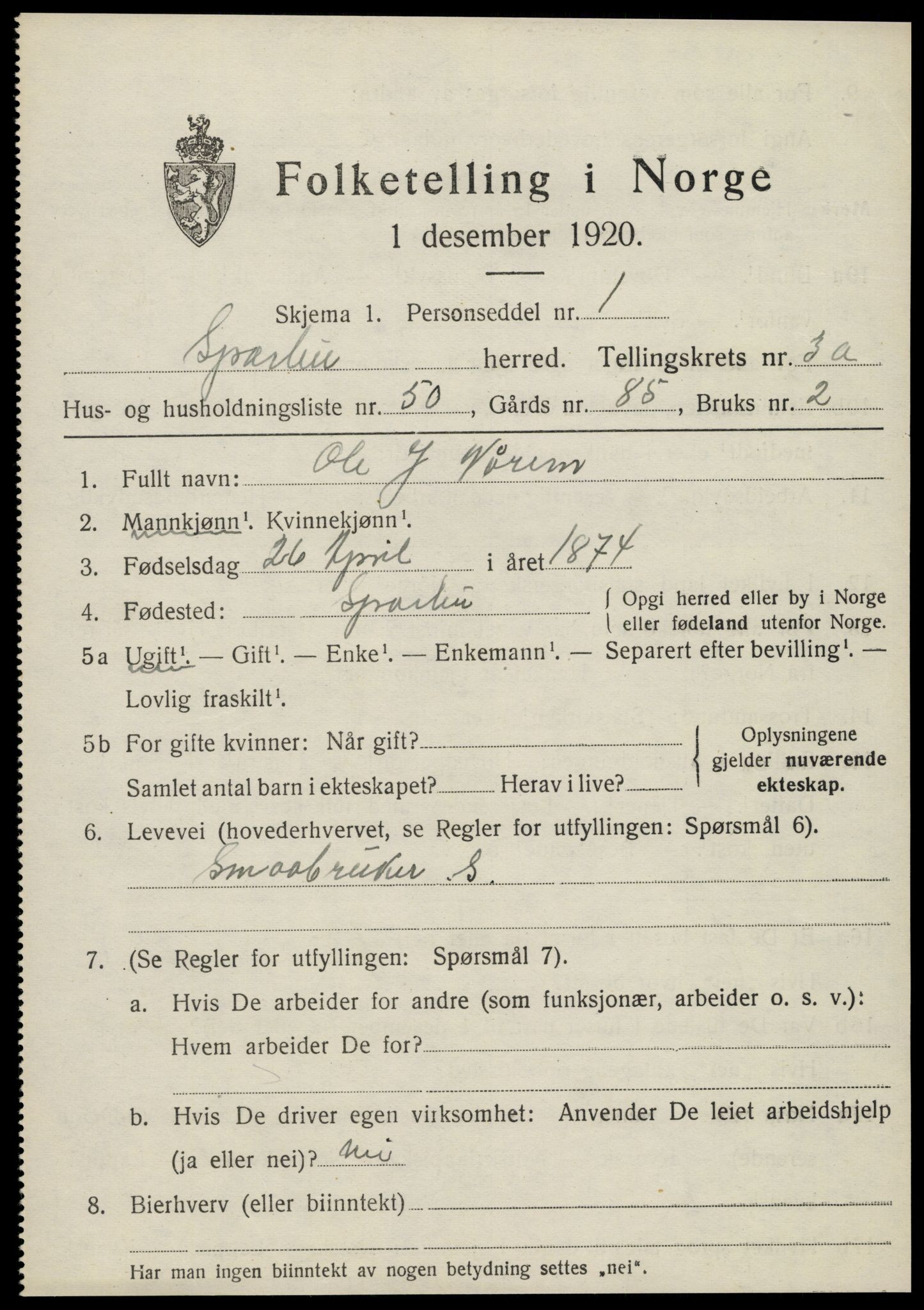 SAT, 1920 census for Sparbu, 1920, p. 4823