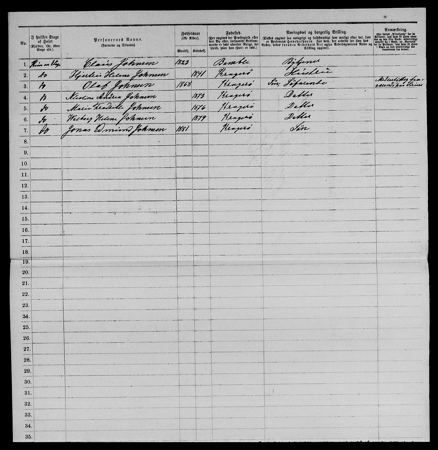 SAKO, 1885 census for 0801 Kragerø, 1885, p. 1397