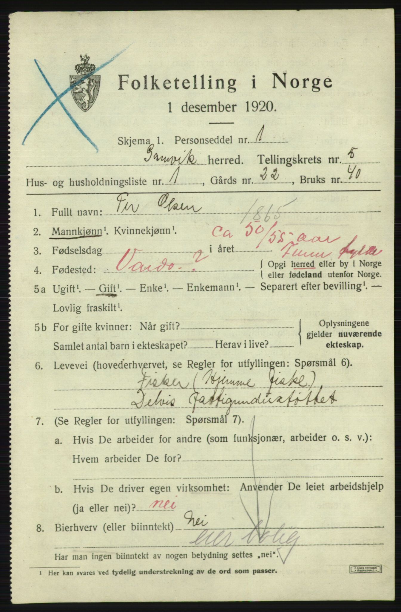 SATØ, 1920 census for Gamvik, 1920, p. 3550