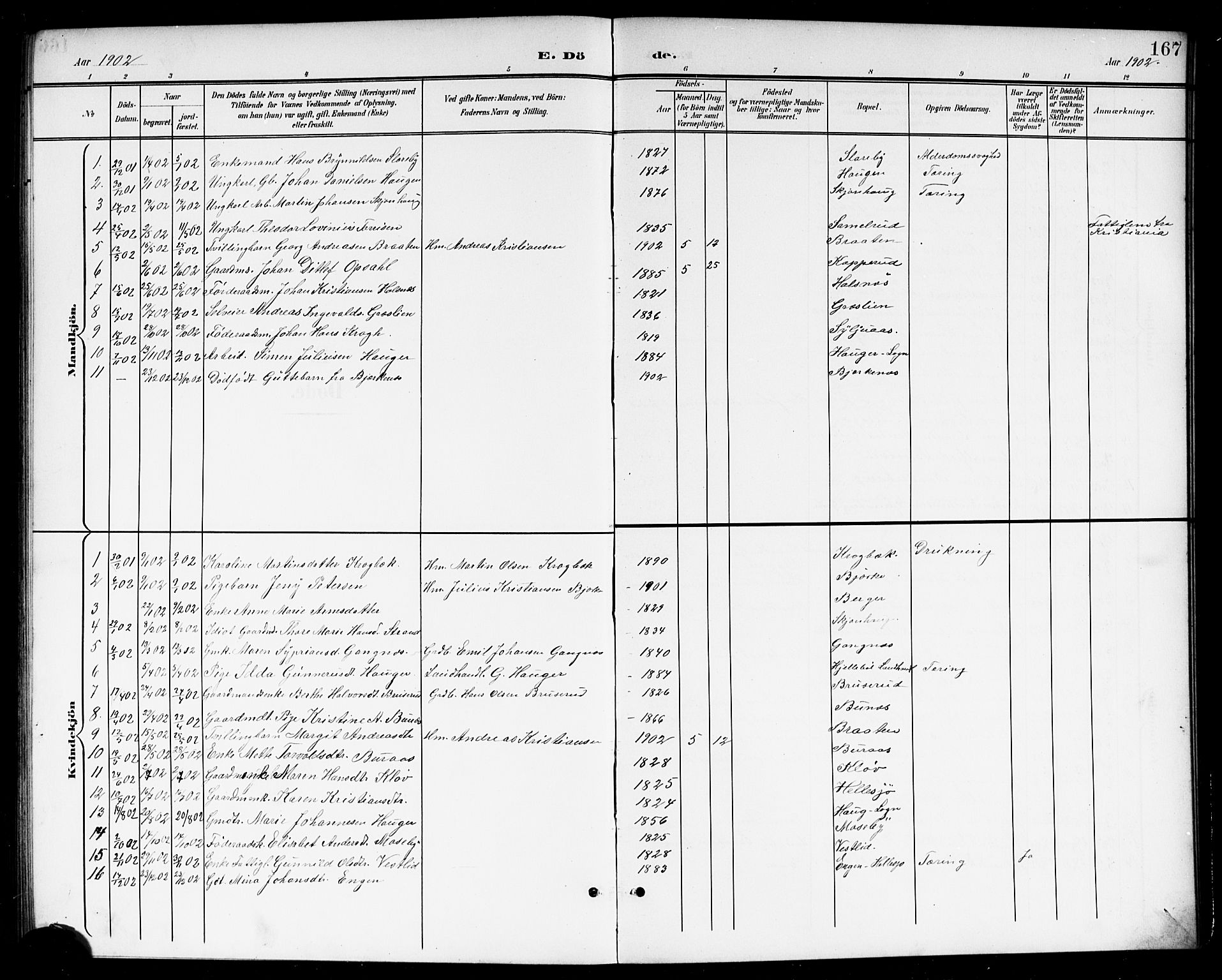 Høland prestekontor Kirkebøker, SAO/A-10346a/G/Gb/L0001: Parish register (copy) no. II 1, 1902-1919, p. 167