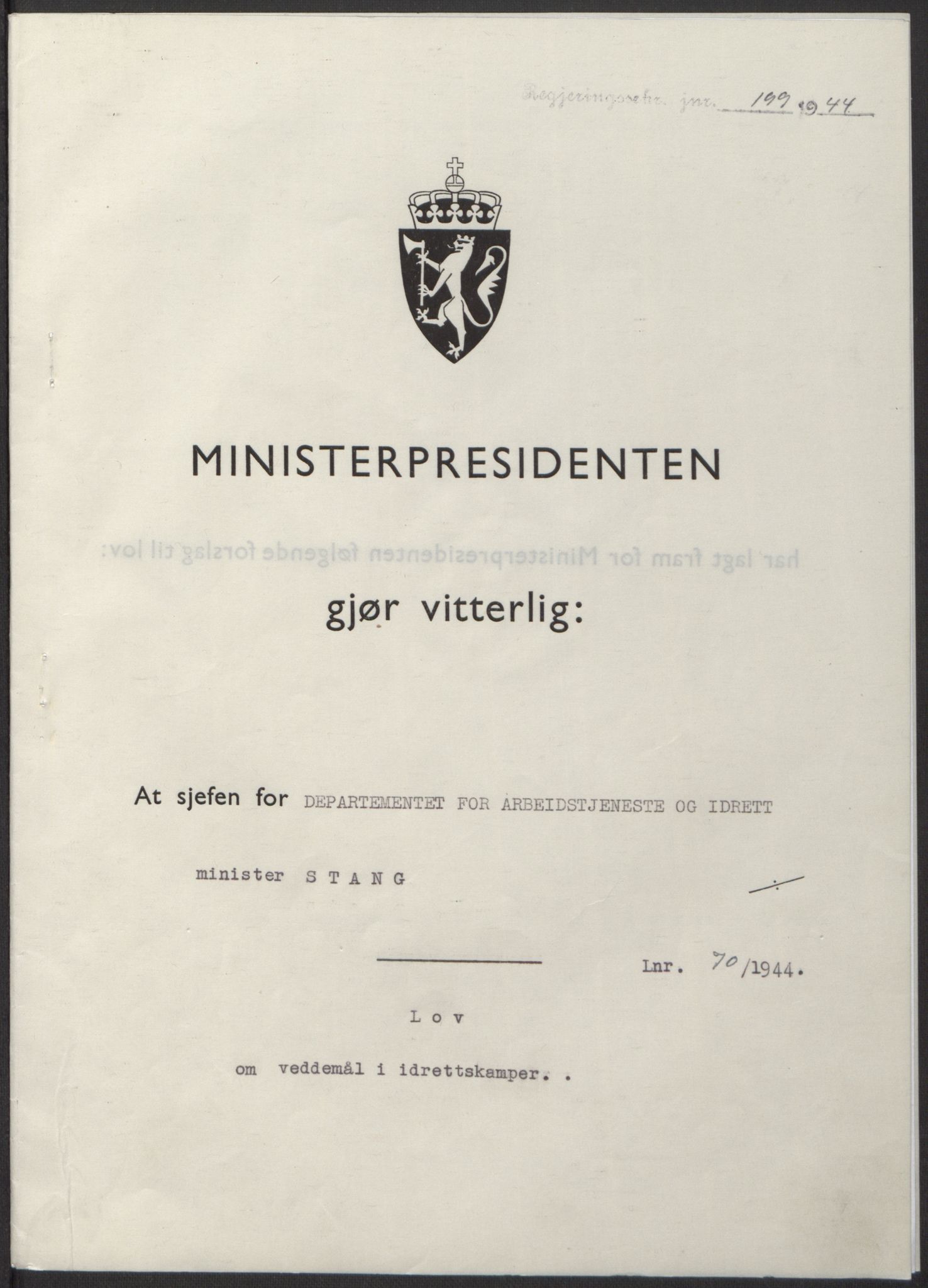 NS-administrasjonen 1940-1945 (Statsrådsekretariatet, de kommisariske statsråder mm), RA/S-4279/D/Db/L0100: Lover, 1944, p. 330