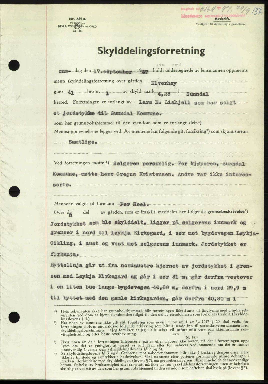 Nordmøre sorenskriveri, AV/SAT-A-4132/1/2/2Ca: Mortgage book no. A106, 1947-1947, Diary no: : 2164/1947