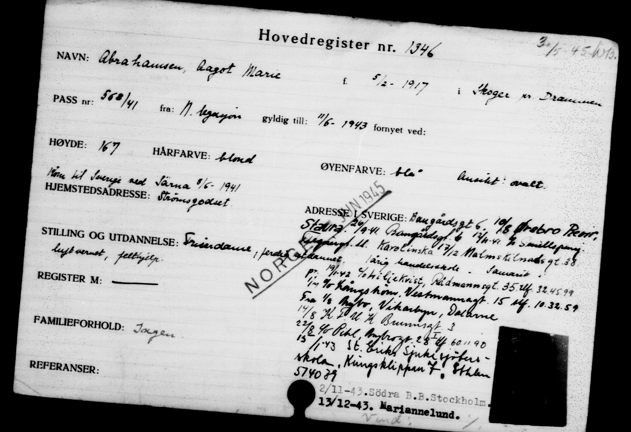 Den Kgl. Norske Legasjons Flyktningskontor, AV/RA-S-6753/V/Va/L0002: Kjesäterkartoteket.  Flyktningenr. 1001-2000, 1940-1945, p. 505