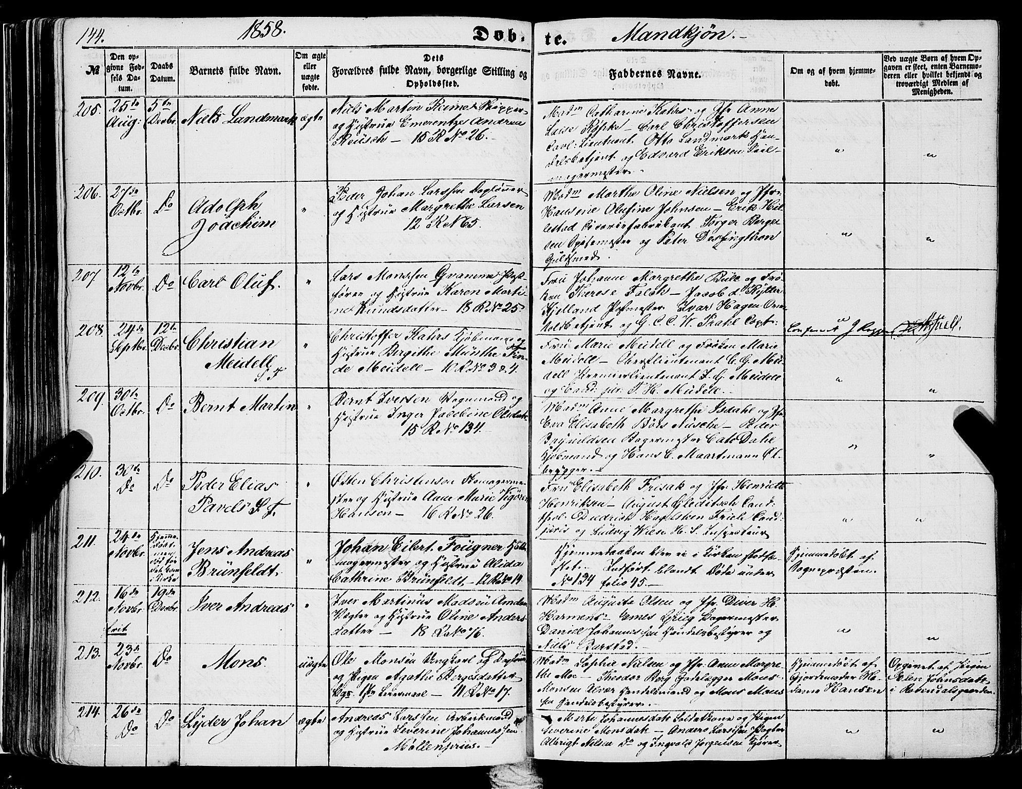 Domkirken sokneprestembete, SAB/A-74801/H/Haa/L0020: Parish register (official) no. B 3, 1851-1859, p. 144