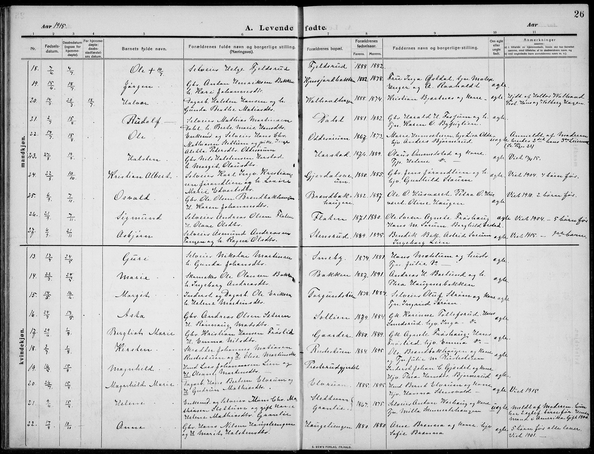 Nordre Land prestekontor, AV/SAH-PREST-124/H/Ha/Hab/L0002: Parish register (copy) no. 2, 1909-1934, p. 26