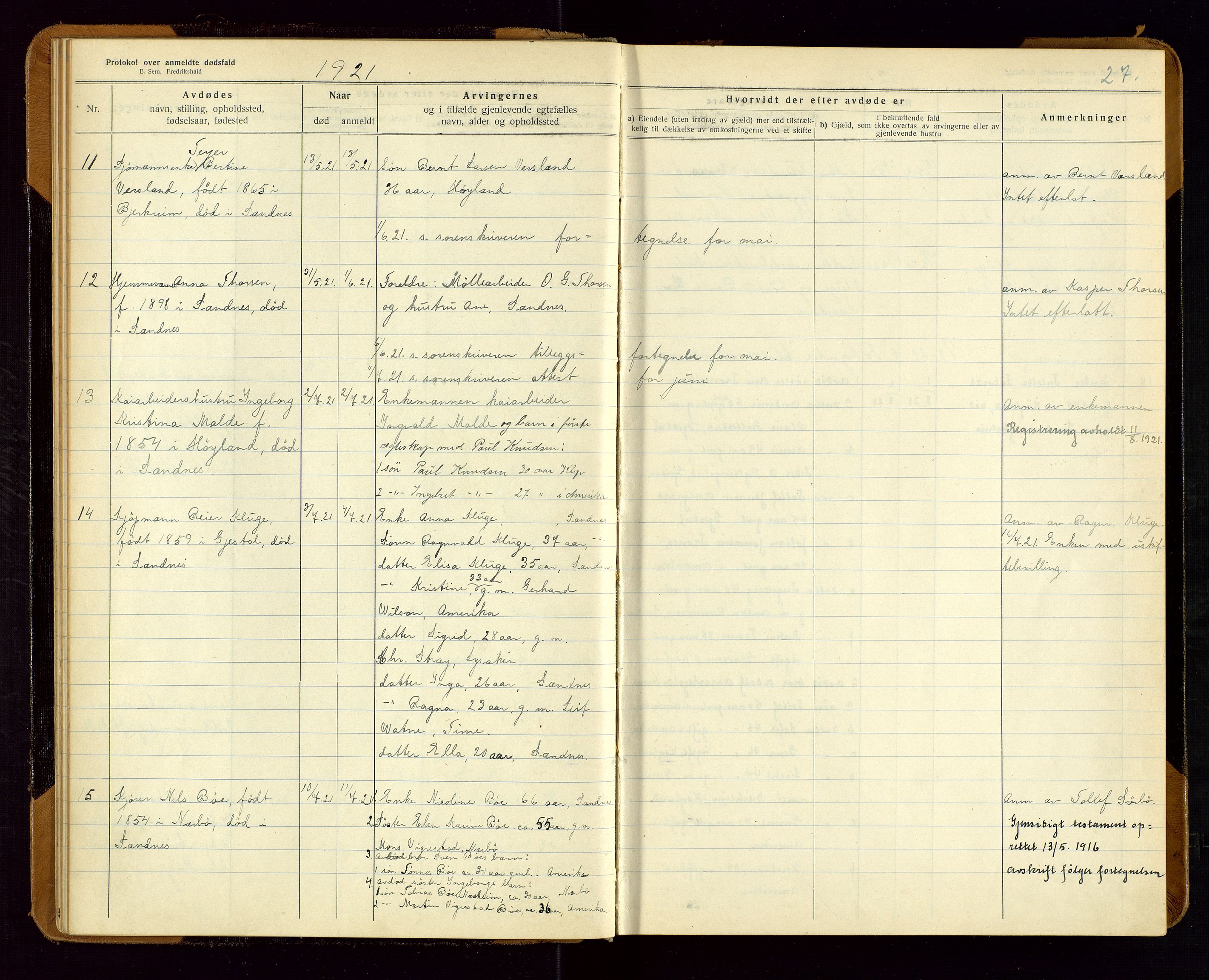 Sandnes lensmannskontor, AV/SAST-A-100167/Gga/L0001: "Protokol over anmeldte dødsfald" m/register, 1918-1940, p. 27