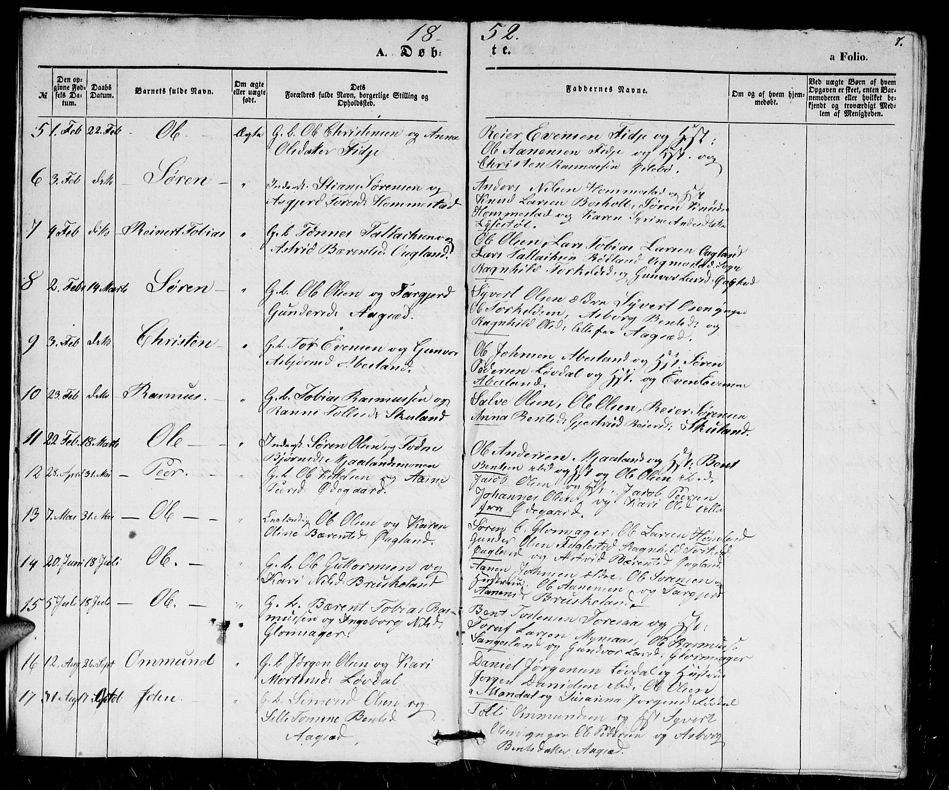 Holum sokneprestkontor, SAK/1111-0022/F/Fb/Fbb/L0002: Parish register (copy) no. B 2, 1847-1874, p. 7