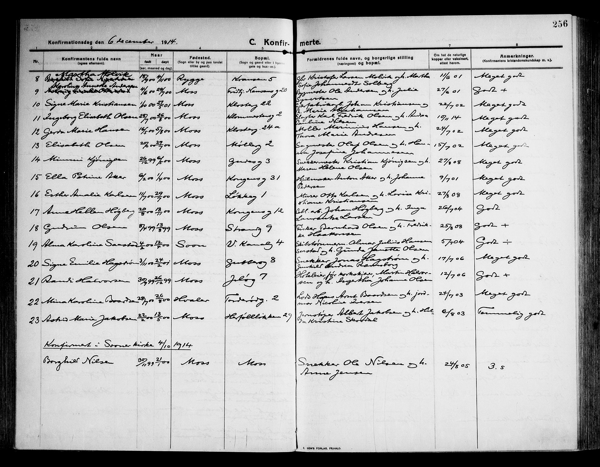 Moss prestekontor Kirkebøker, AV/SAO-A-2003/F/Fb/L0005: Parish register (official) no. II 5, 1913-1923, p. 256